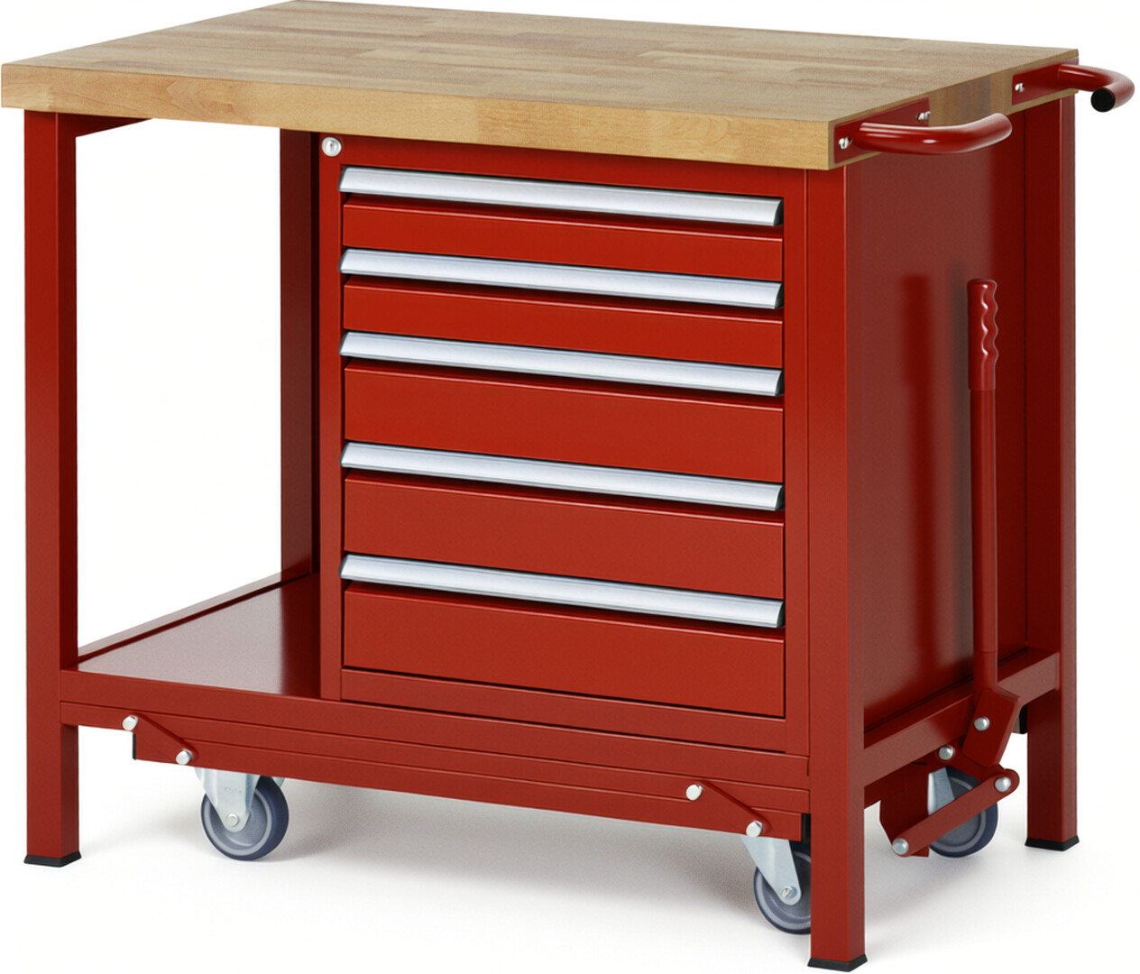 Absenkbare Werkbank Modell 8171 rot, BxTxH 1000x700x880 mm,  Buche-Massiv Arbeitsplatte 40 mm,  5 Schubladen mit  Auszug 90 %