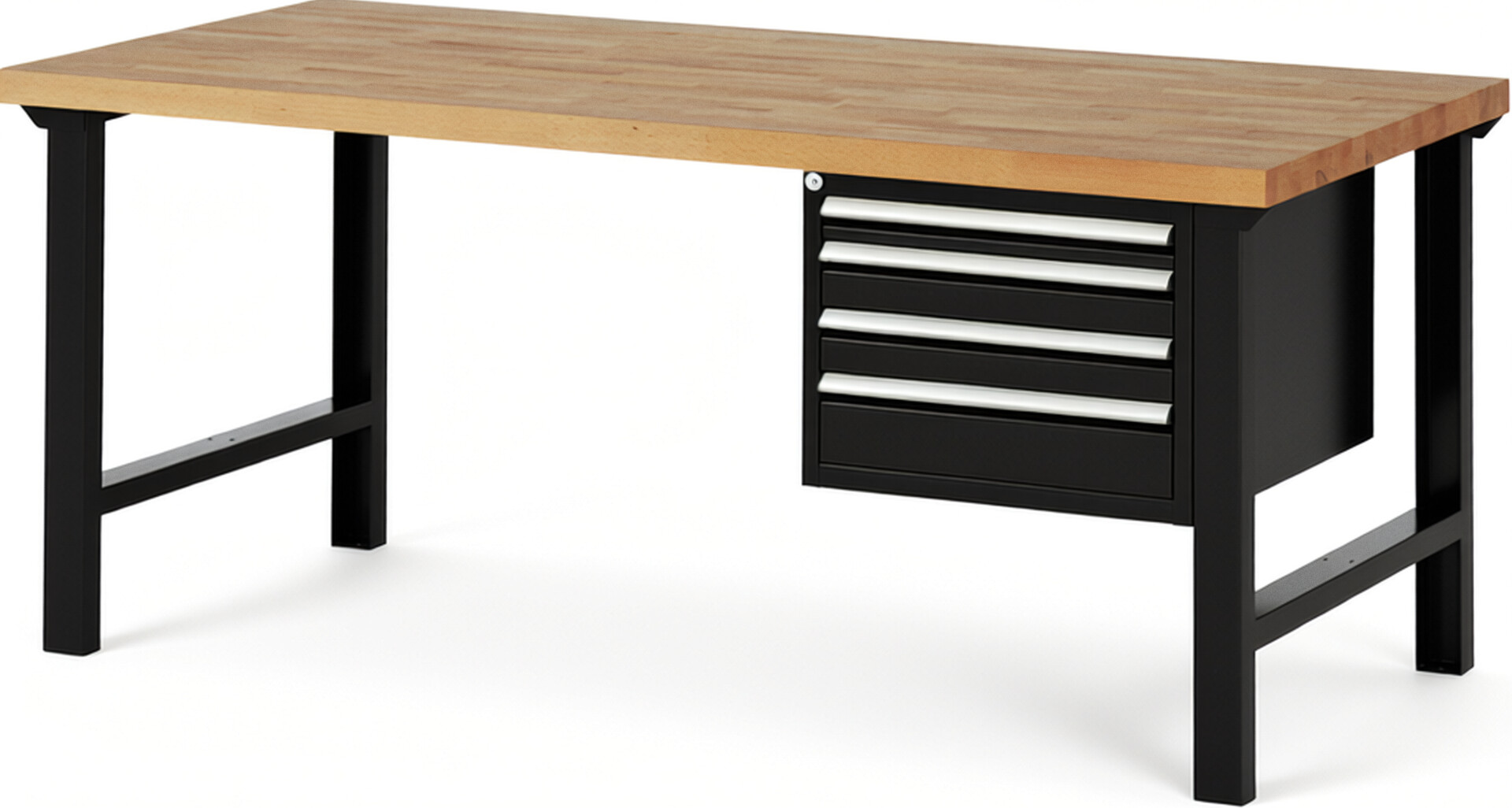 Werkbank Modell 7132 schwarz, BxTxH 2000x900x840 mm,  Buche-Massiv Arbeitsplatte 40 mm,  4 Schubladen mit  Vollauszug 100 % und  SoftClosing