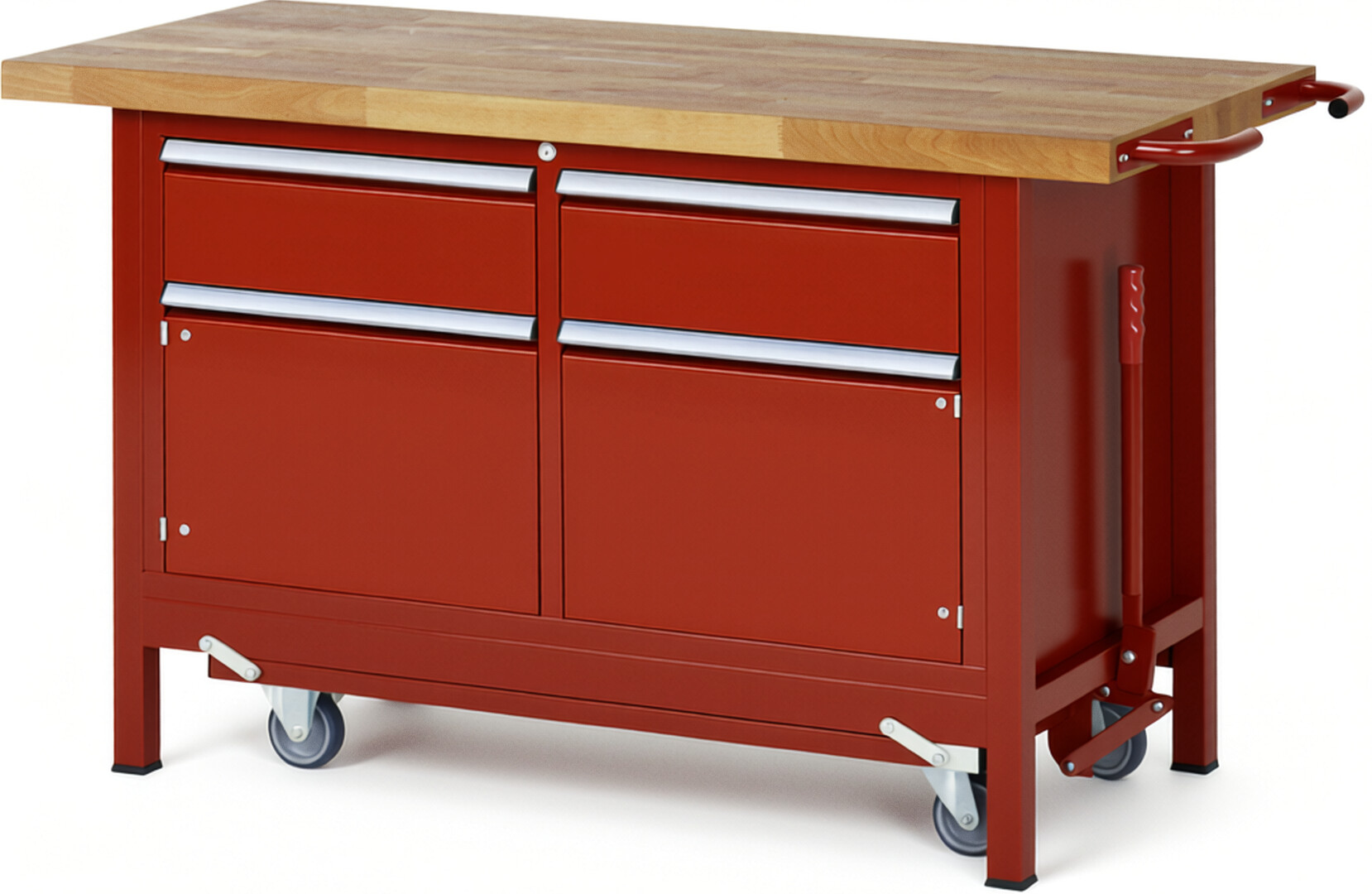 Absenkbare Werkbank Modell 8466 rot, BxTxH 1500x700x880 mm,  Buche-Massiv Arbeitsplatte 40 mm,  2 Schubladen mit  Vollauszug 100 % und  SoftClosing