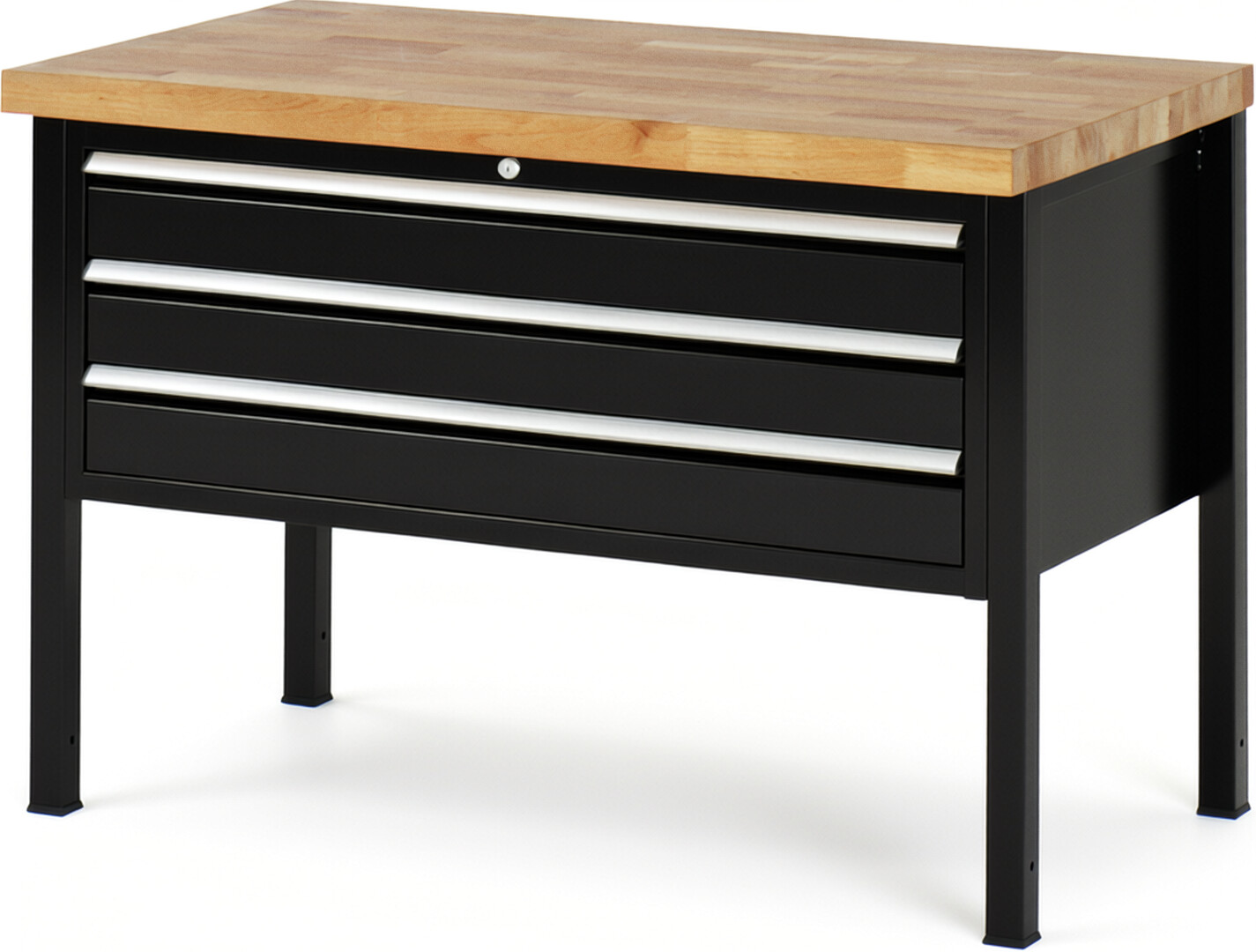 Werkbank Modell 8327 schwarz, BxTxH 1250x700x840 mm,  Buche-Massiv Arbeitsplatte 40 mm,  3 Schubladen mit  Vollauszug 100 % und  SoftClosing