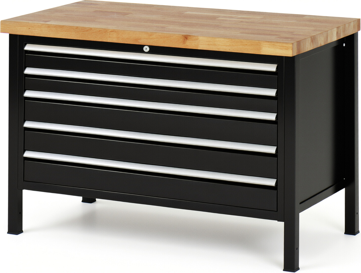 Werkbank Modell 8371 schwarz, BxTxH 1250x700x840 mm,  Buche-Massiv Arbeitsplatte 40 mm,  5 Schubladen mit  Auszug 90 %