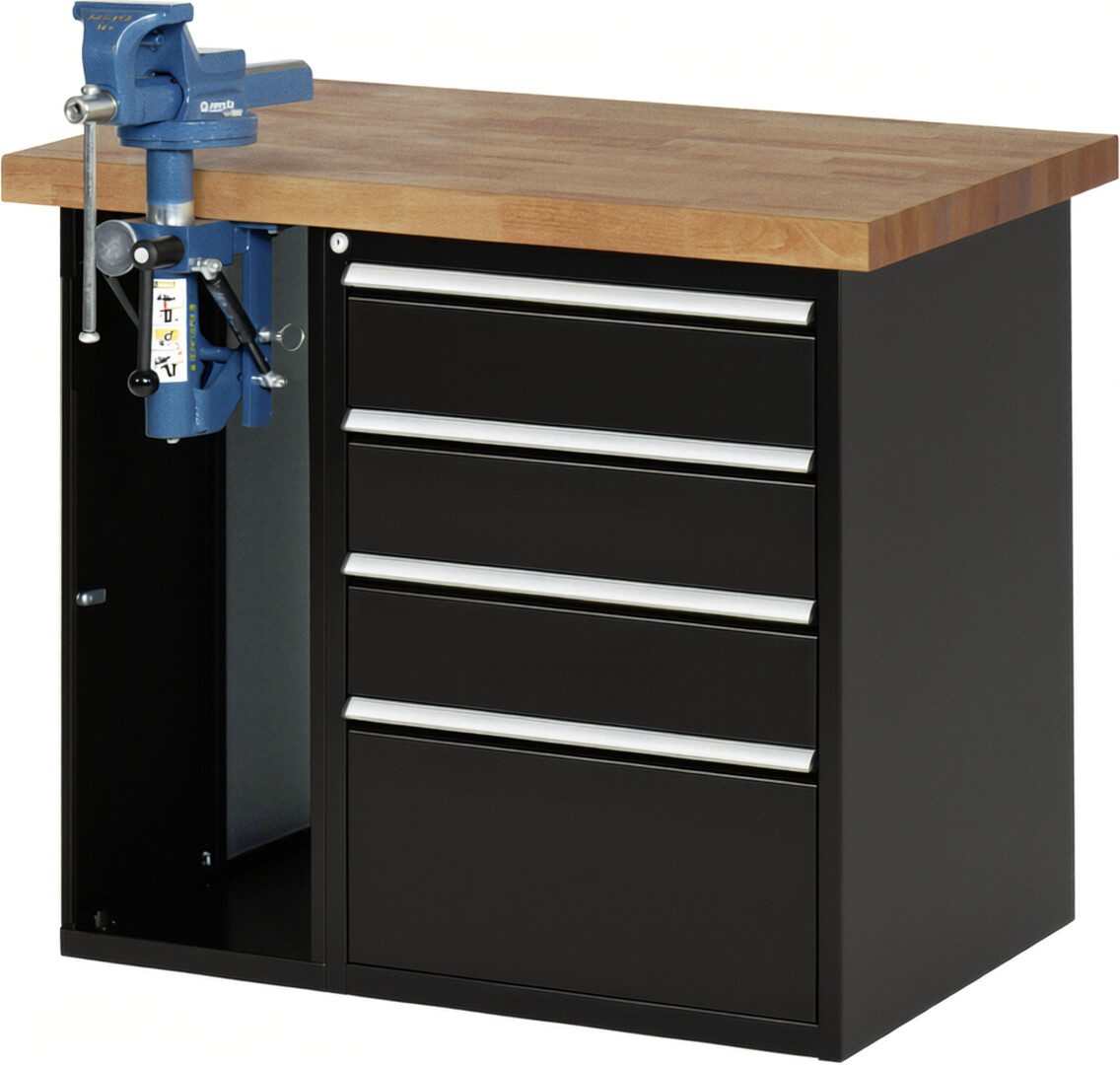 Werkbank Modell 7510 schwarz, BxTxH 1000x700x840 mm,  Buche-Massiv Arbeitsplatte 40 mm,  4 Schubladen mit  Vollauszug 100 % und  SoftClosing