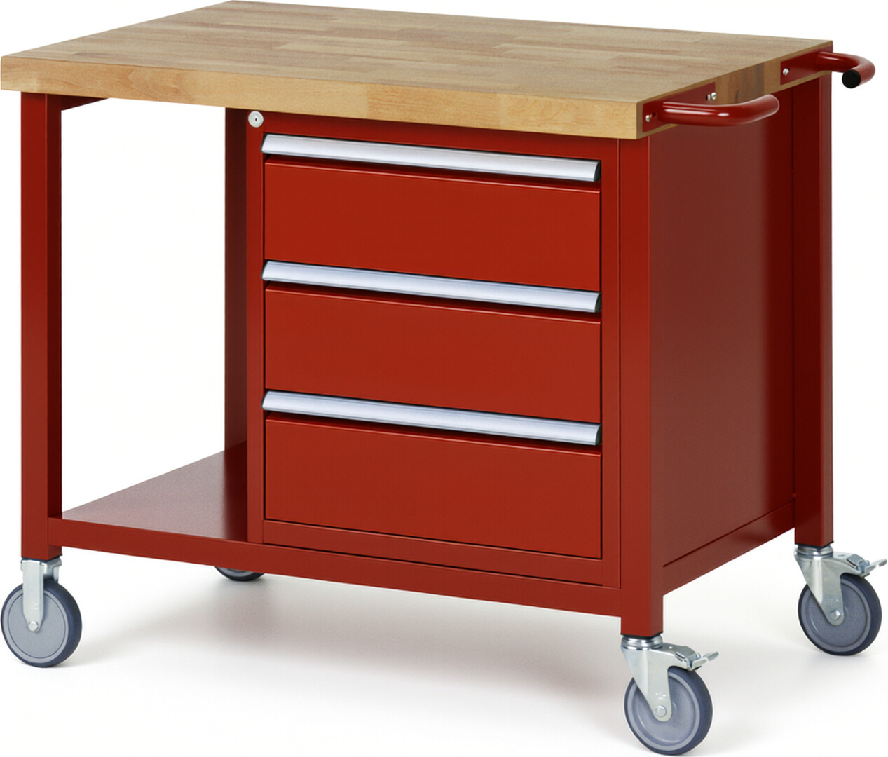 Fahrbare Werkbank Modell 8157 rot, BxTxH 1000x700x880 mm,  Buche-Massiv Arbeitsplatte 40 mm,  3 Schubladen mit  Vollauszug 100 % und  SoftClosing