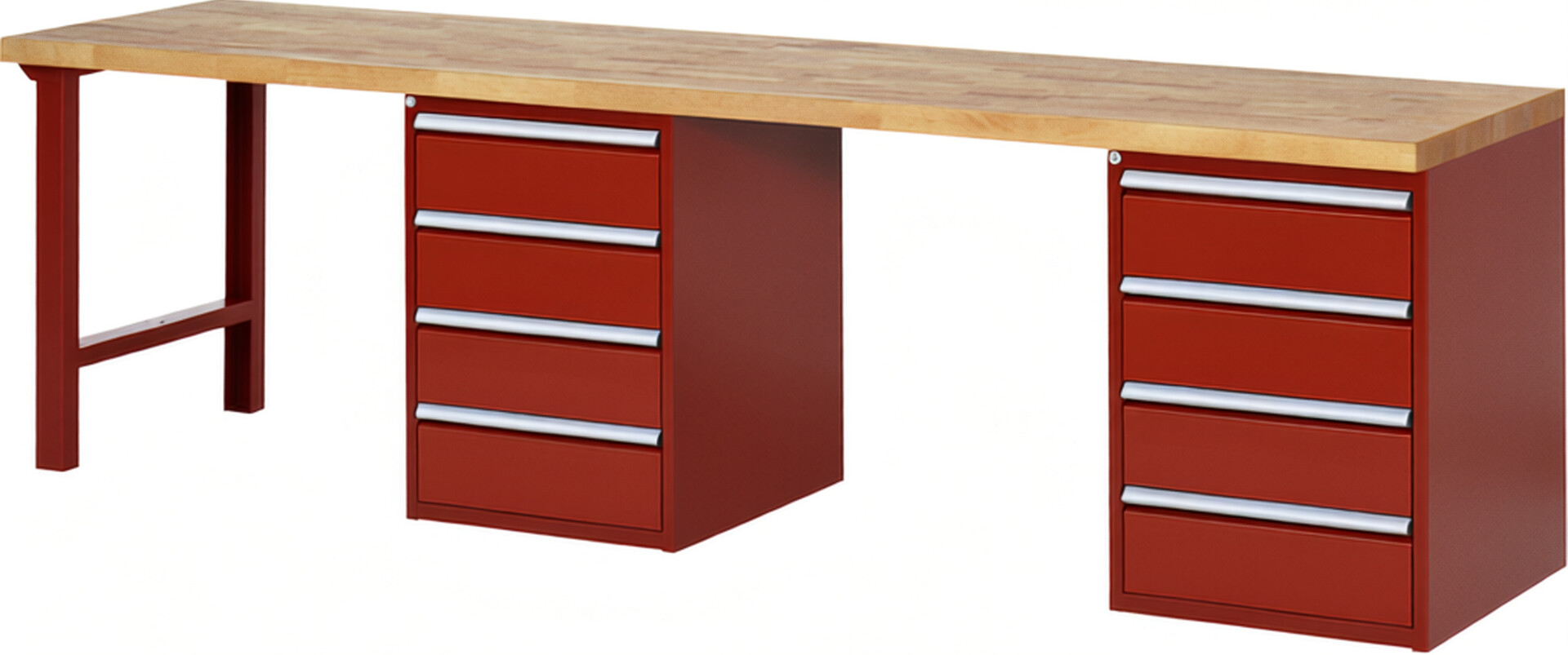 Werkbank Modell 7509 rot, BxTxH 3000x700x840 mm,  Buche-Massiv Arbeitsplatte 40 mm,  8 Schubladen mit  Vollauszug 100 % und  SoftClosing