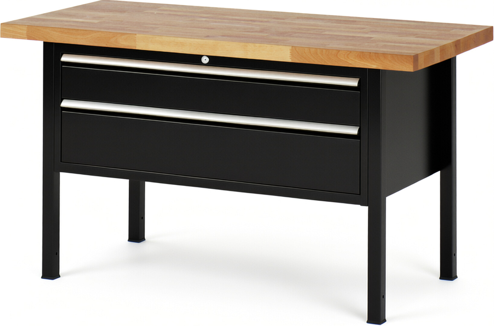 Werkbank Modell 8323 schwarz, BxTxH 1500x700x840-1040 mm,  Buche-Massiv Arbeitsplatte 40 mm,  2 Schubladen mit  Vollauszug 100 % und  SoftClosing