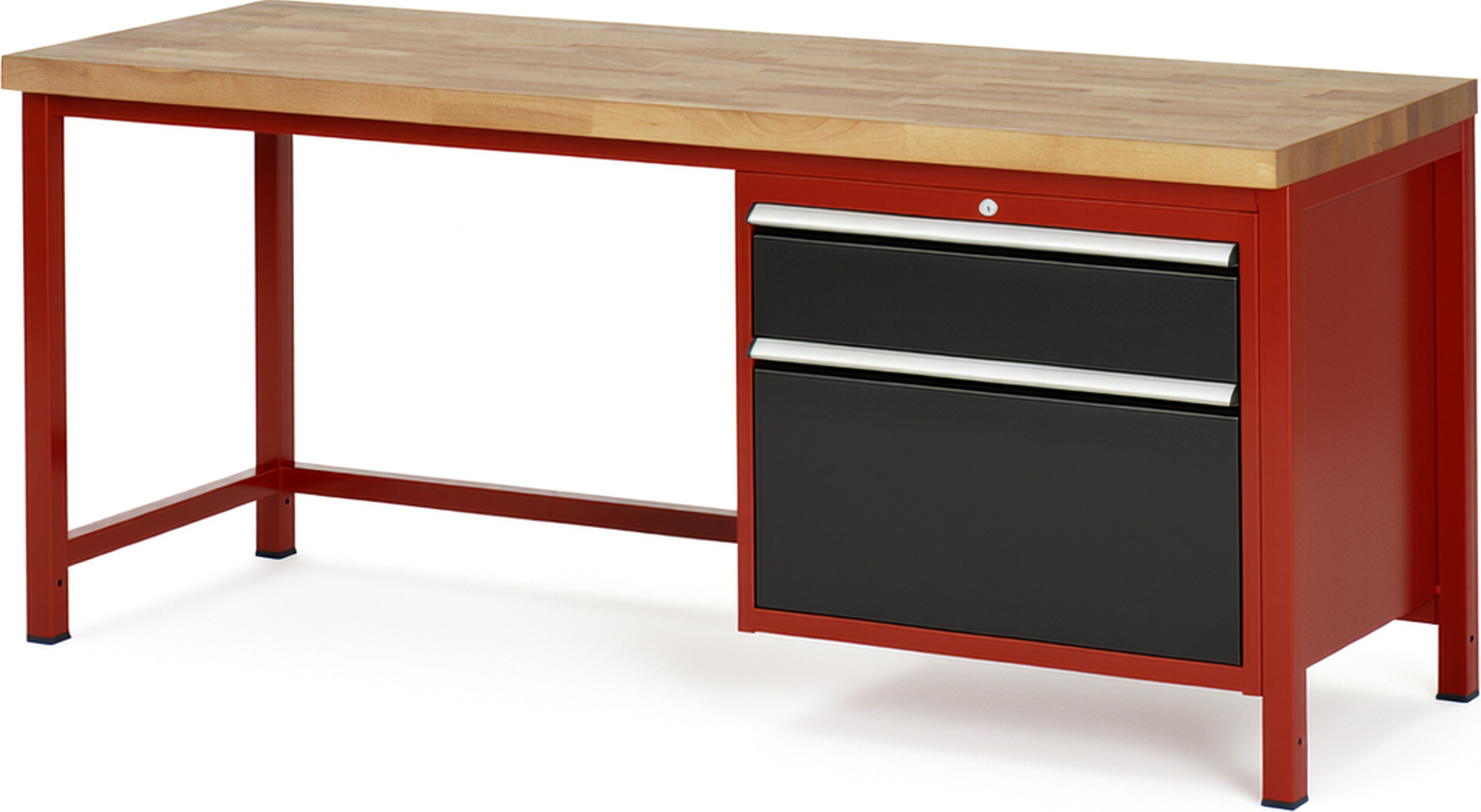 Werkbank Modell 8256 rot - schwarz, BxTxH 2000x700x840 mm,  Buche-Massiv Arbeitsplatte 40 mm,  2 Schubladen mit  Auszug 90 %