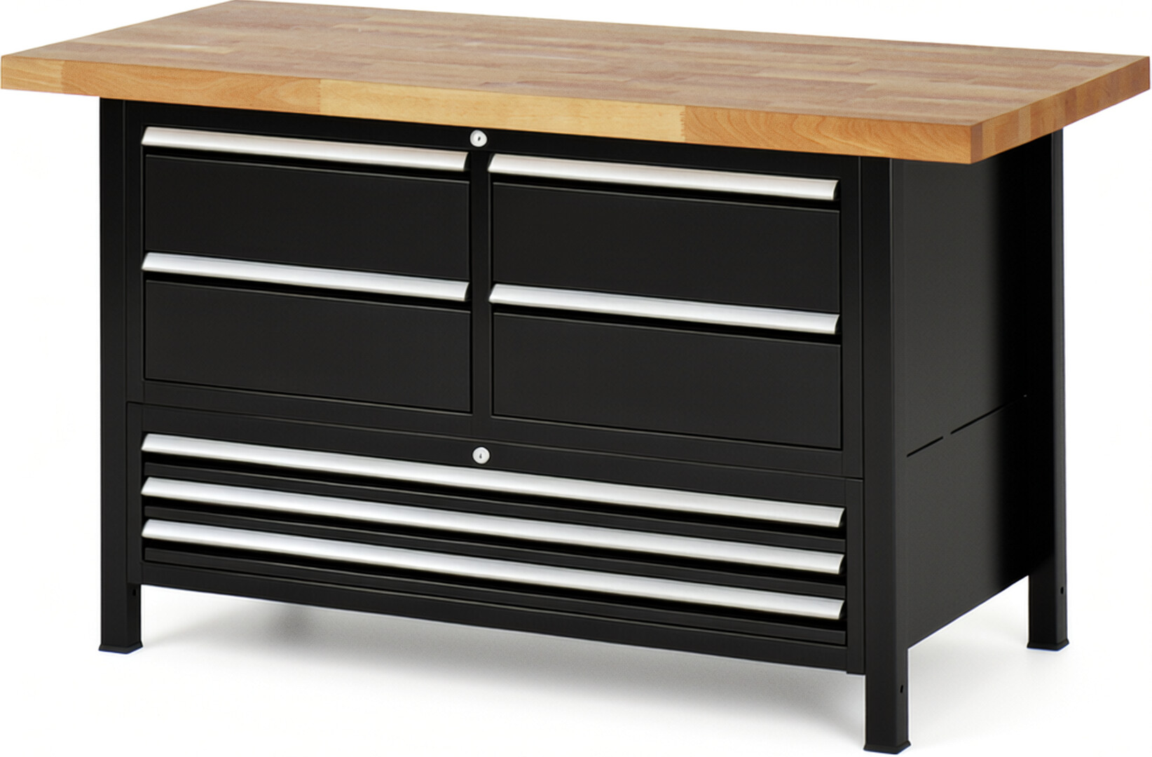 Werkbank Modell 8934 schwarz, BxTxH 1500x700x840 mm,  Buche-Massiv Arbeitsplatte 40 mm,  7 Schubladen mit  Vollauszug 100 % und  SoftClosing