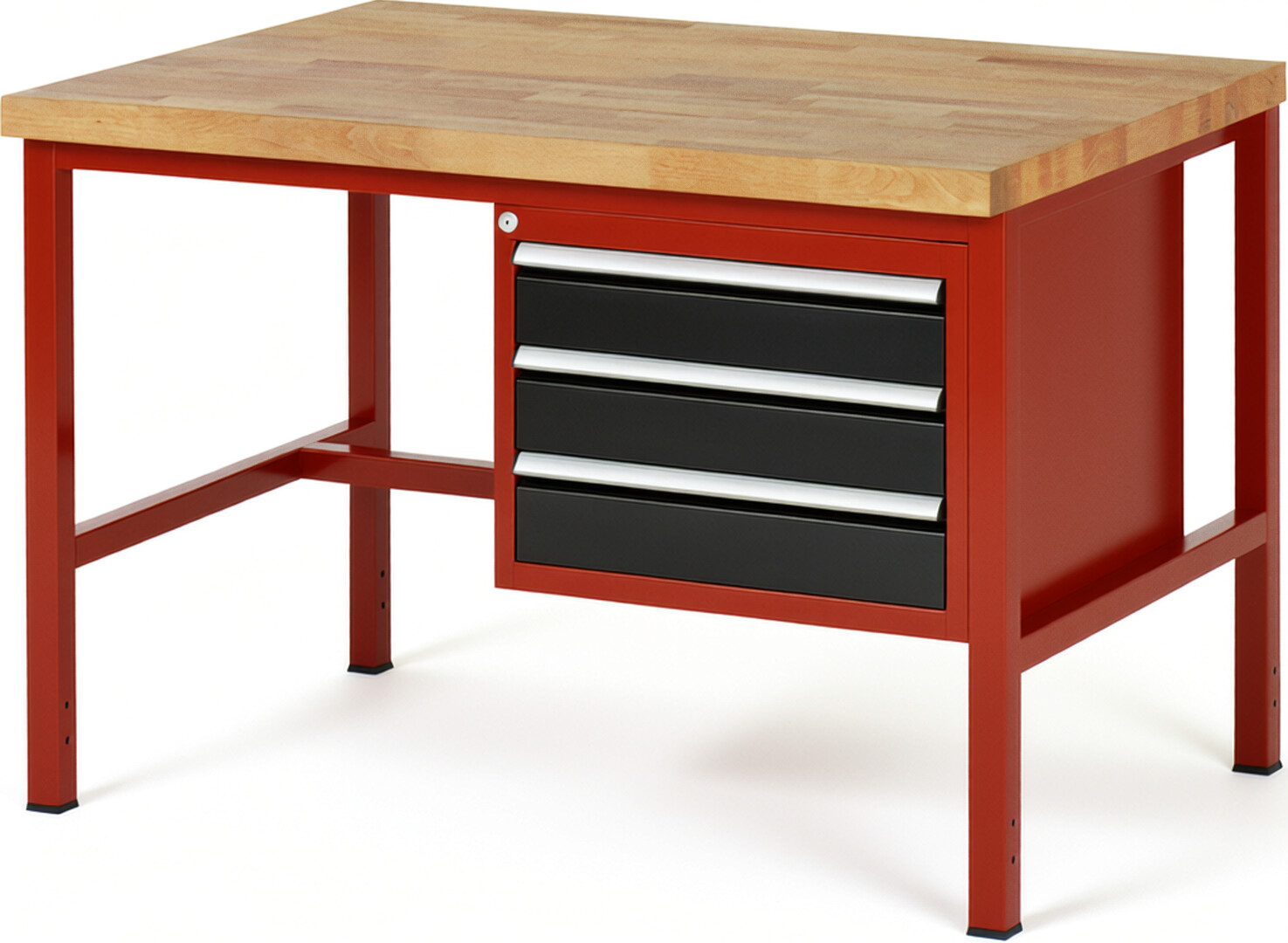 Werkbank Modell 8127 rot - schwarz, BxTxH 1250x900x840-1040 mm,  Buche-Massiv Arbeitsplatte 40 mm,  3 Schubladen mit  Auszug 90 %