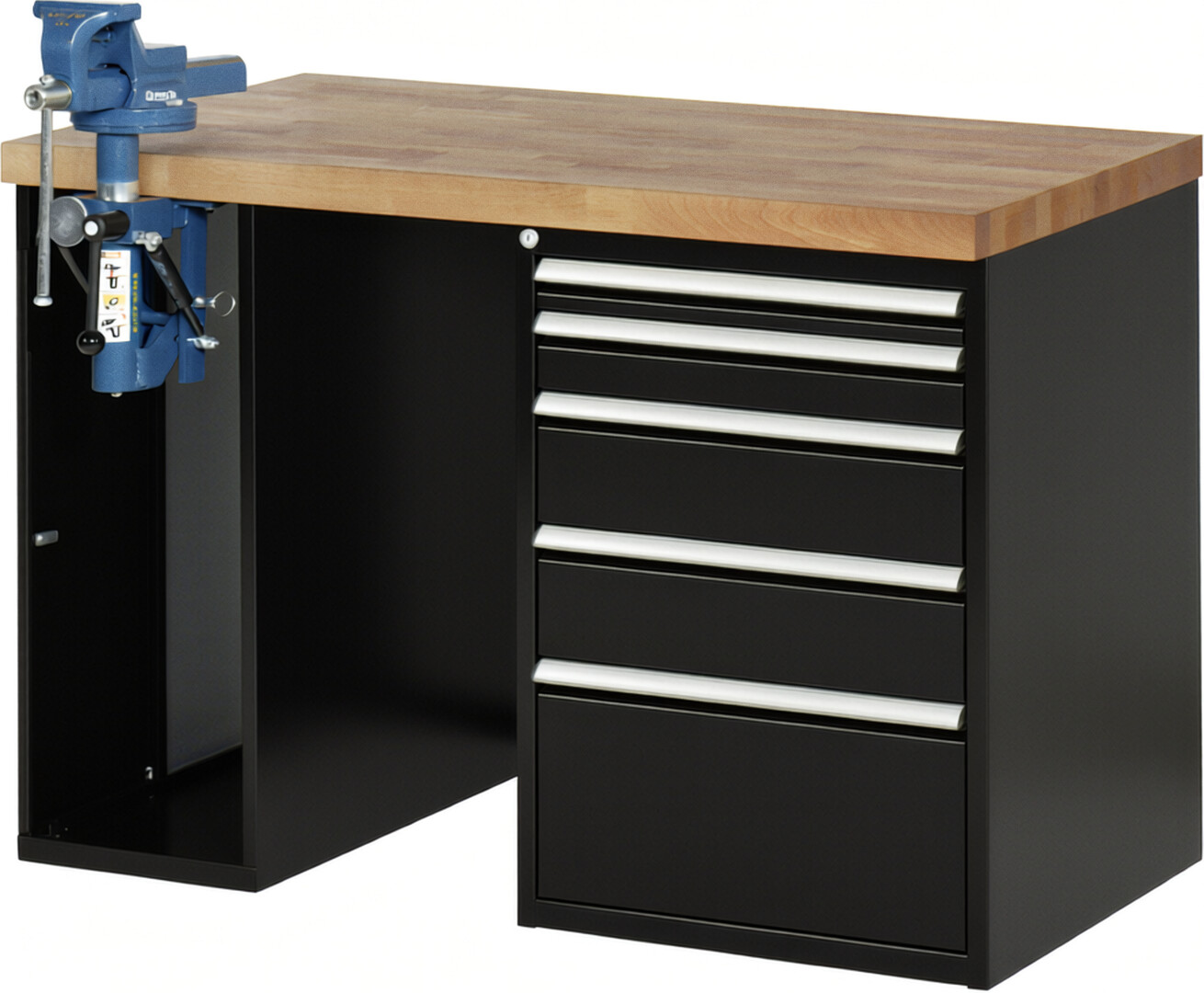 Werkbank Modell 7511 schwarz, BxTxH 1250x700x890 mm,  Buche-Massiv Arbeitsplatte 40 mm,  5 Schubladen mit  Auszug 90 %