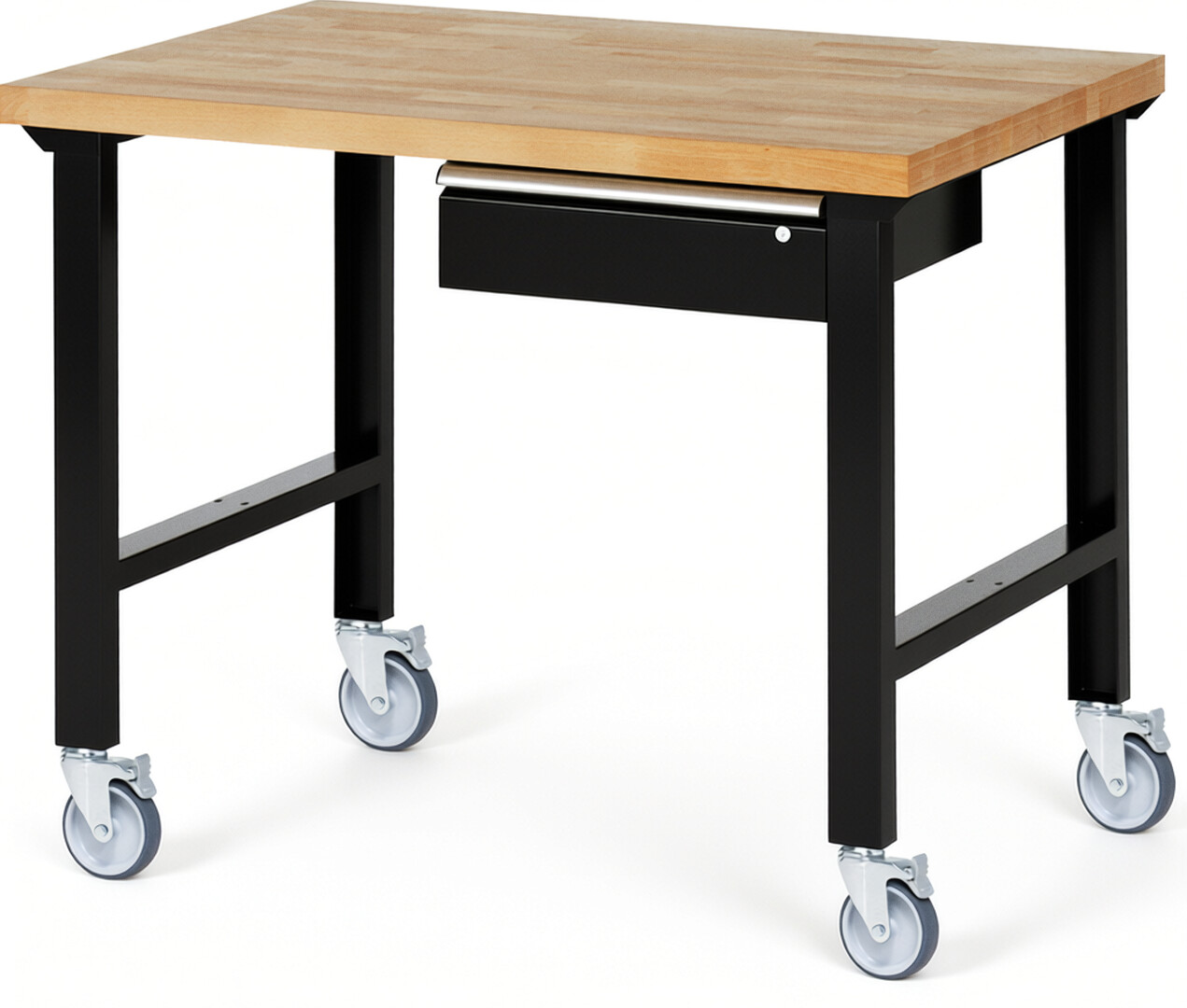 Fahrbare Werkbank Modell 7001 schwarz, BxTxH 1250x900x1000 mm,  Buche-Massiv Arbeitsplatte 40 mm,  1 Schublade mit  Auszug 90 %