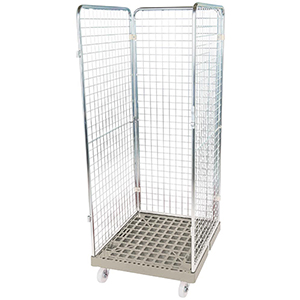 Rollbox mit Drahtgitterwänden, 3-seitig, Nutzhöhe 1585 mm, BxTxH 810x720x1800 mm, Bodenplatte aus HDPE, RAL 7032 kieselgrau