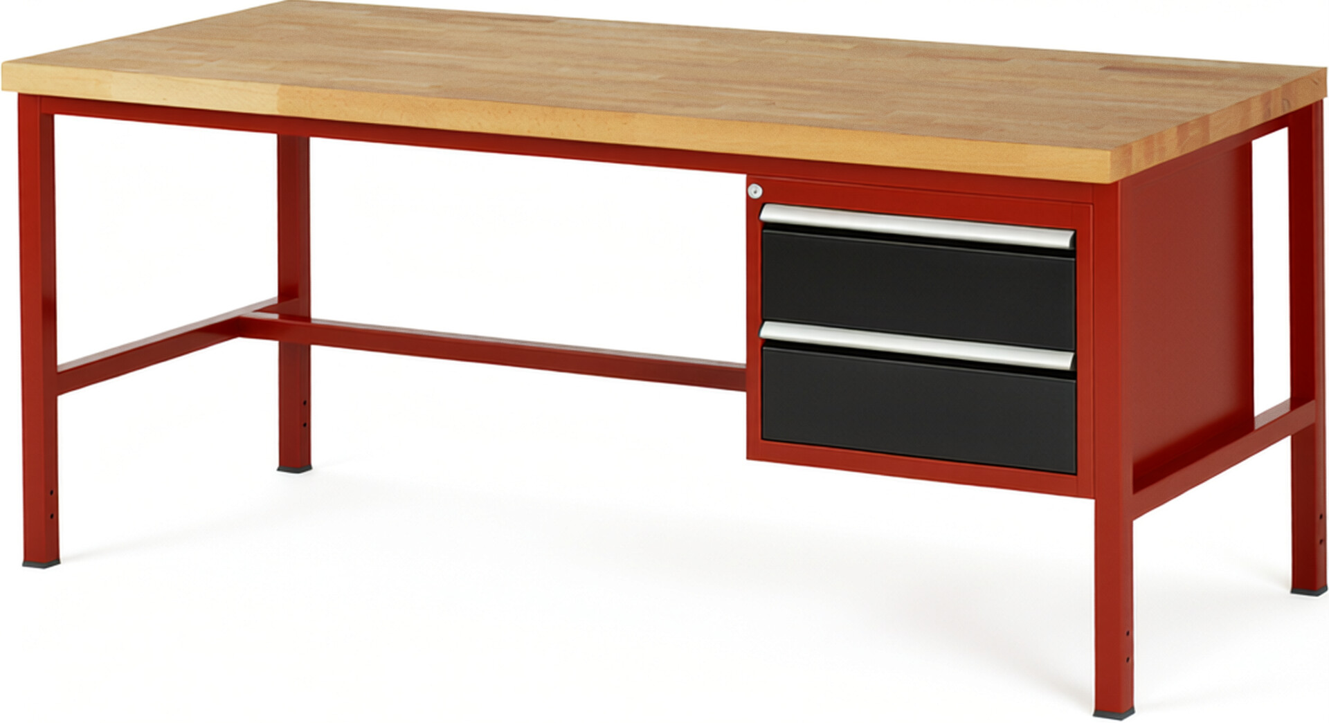 Werkbank Modell 8125 rot - schwarz, BxTxH 2000x900x840 mm,  Buche-Massiv Arbeitsplatte 40 mm,  2 Schubladen mit  Auszug 90 %