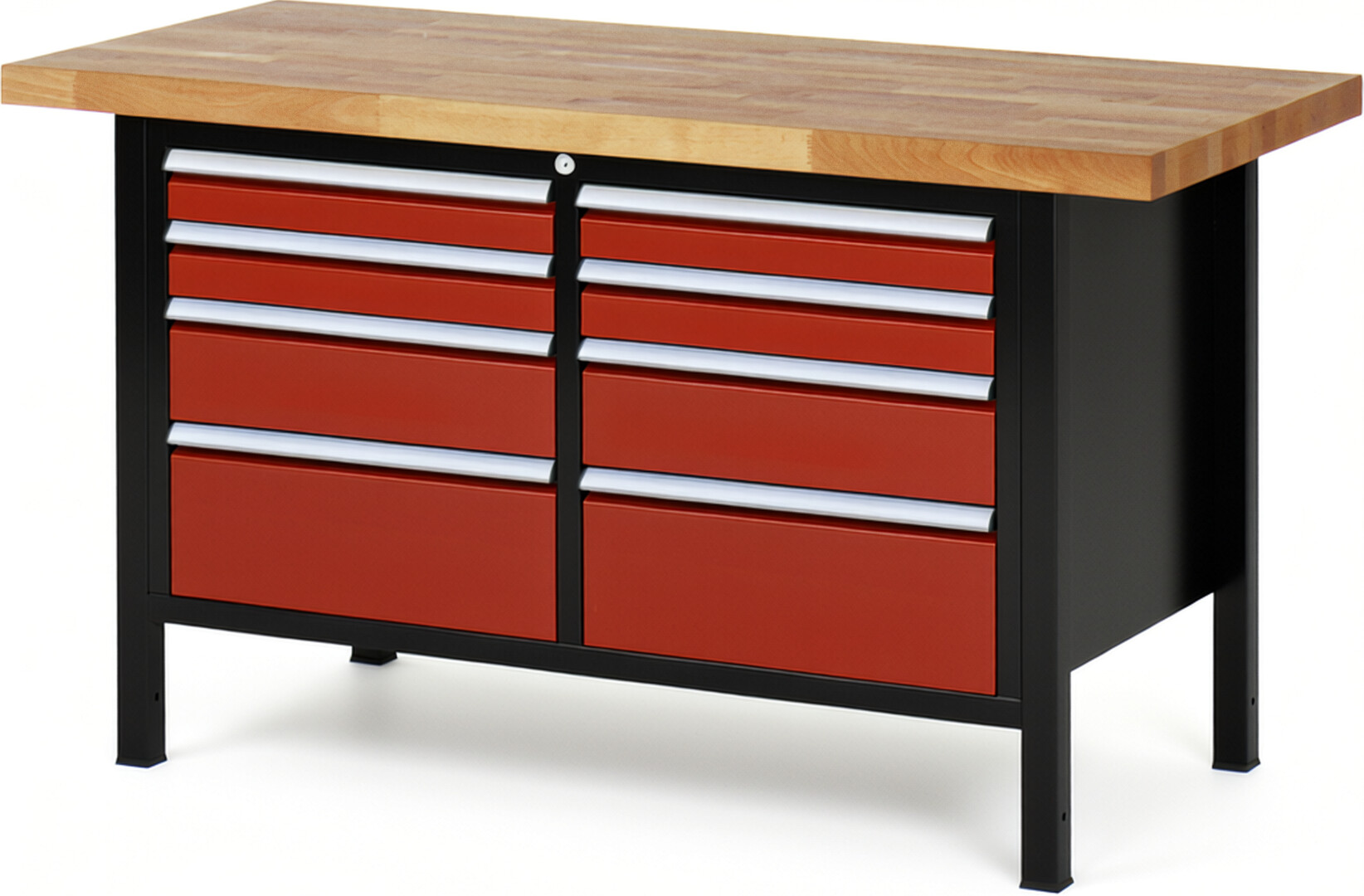 RAU Werkbank schwarz - rot - Breite 150 cm - Tiefe 70 cm - Höhe 104 cm - Buche-Massiv Arbeitsplatte 40 mm