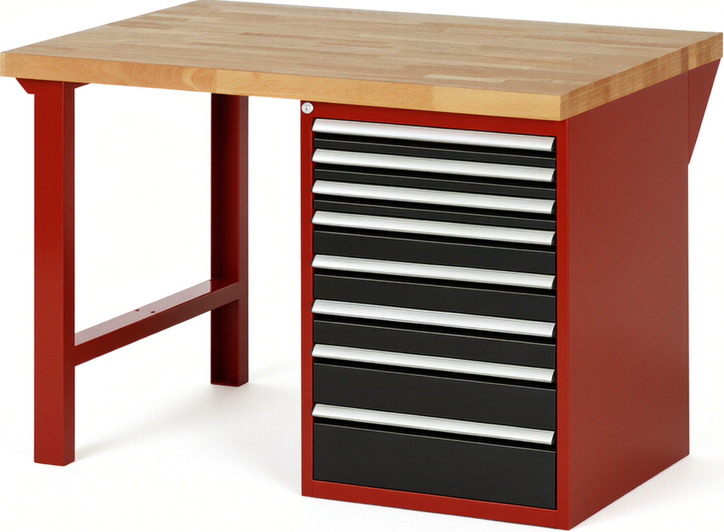 Werkbank Modell 7519 rot - schwarz, BxTxH 1250x900x840 mm,  Buche-Massiv Arbeitsplatte 40 mm,  8 Schubladen mit  Vollauszug 100 % und  SoftClosing