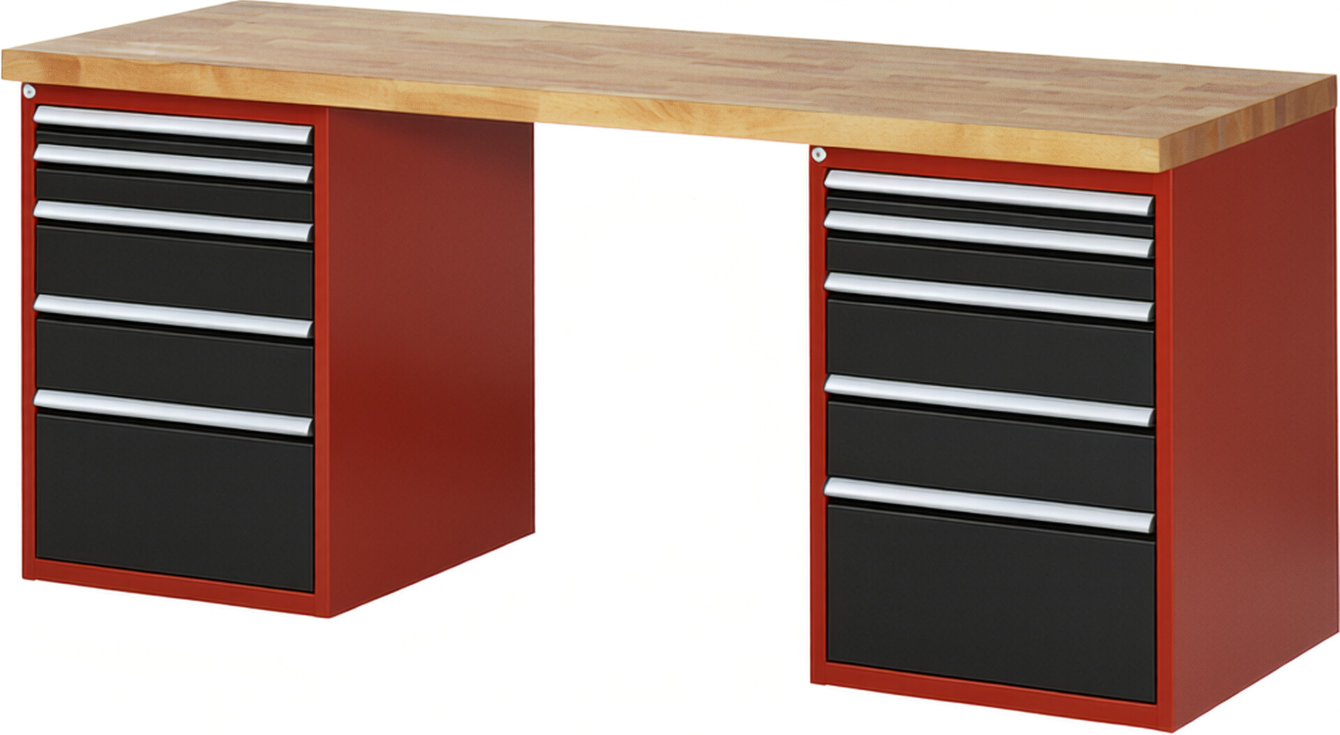 Werkbank Modell 7511 rot - schwarz, BxTxH 2000x700x890 mm,  Buche-Massiv Arbeitsplatte 40 mm,  10 Schubladen mit  Auszug 90 %