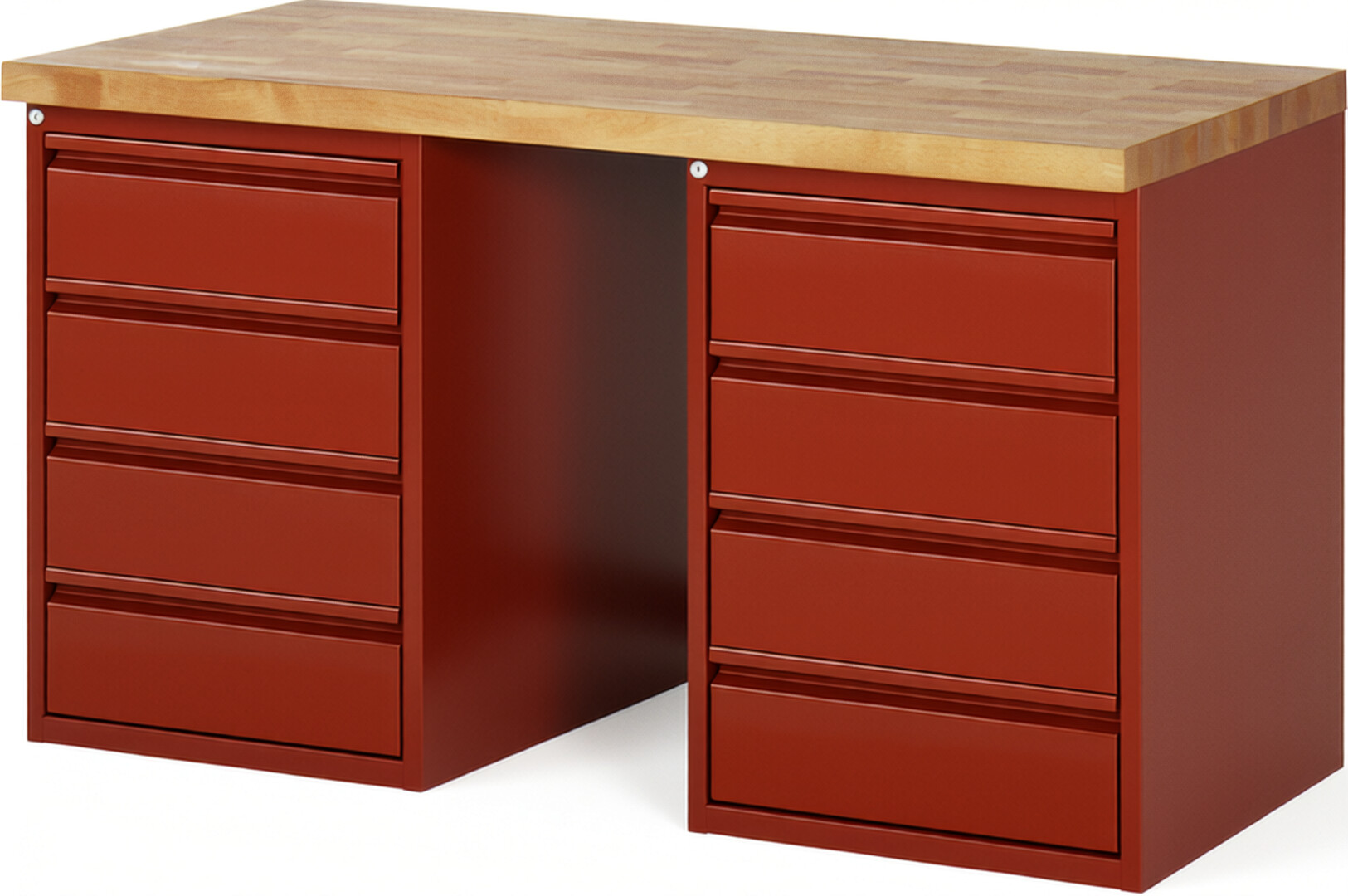 Werkbank - Modell 7509 BASIC rot, BxTxH 1500x700x840 mm,  Buche-Massiv Arbeitsplatte 40 mm,  8 Schubladen mit  Auszug 90 %