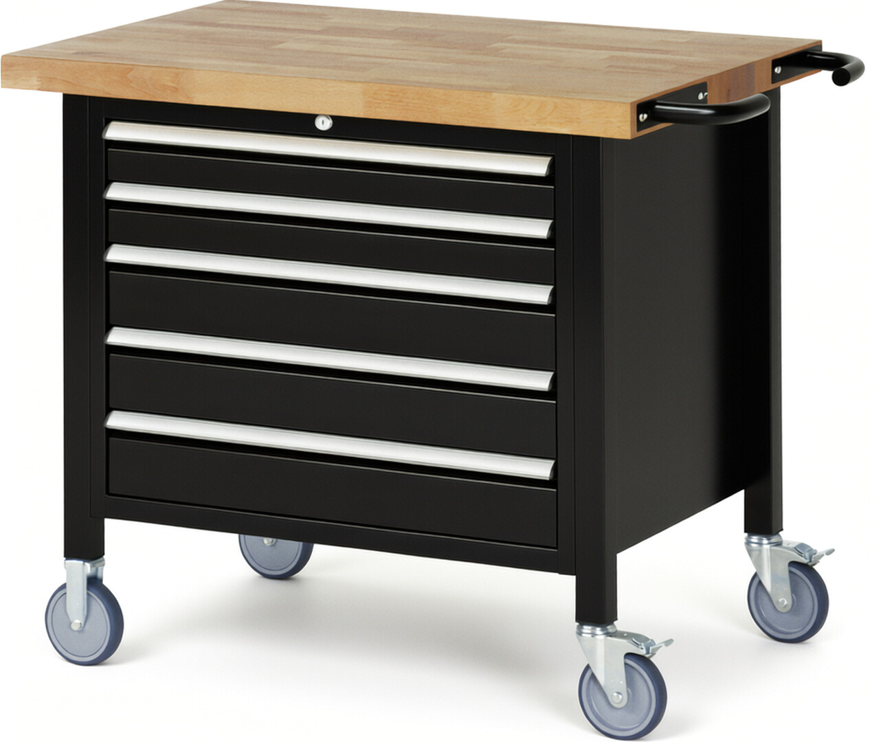 Fahrbare Werkbank Modell 8271 schwarz, BxTxH 1000x700x880 mm,  Buche-Massiv Arbeitsplatte 40 mm,  5 Schubladen mit  Auszug 90 %