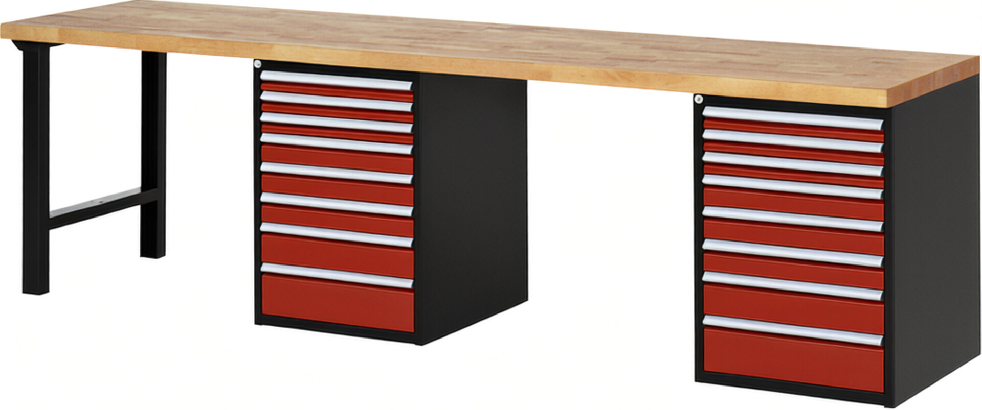 RAU Werkbank schwarz - rot - Breite 300 cm - Tiefe 70 cm - Höhe 84 cm - Buche-Massiv Arbeitsplatte 40 mm