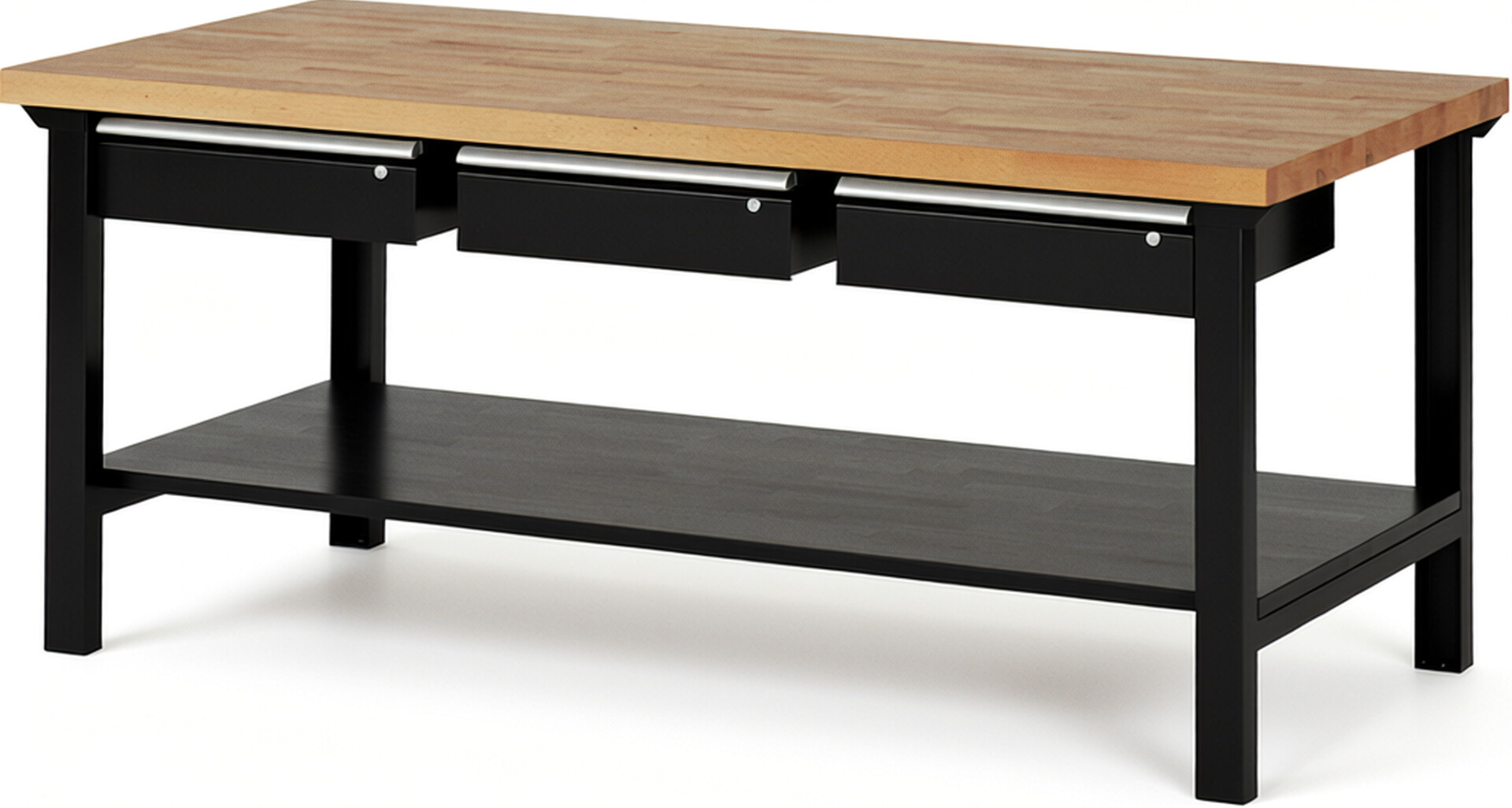 Werkbank Modell 7003 schwarz, BxTxH 2000x900x840 mm,  Buche-Massiv Arbeitsplatte 40 mm,  3 Schubladen mit  Auszug 90 %
