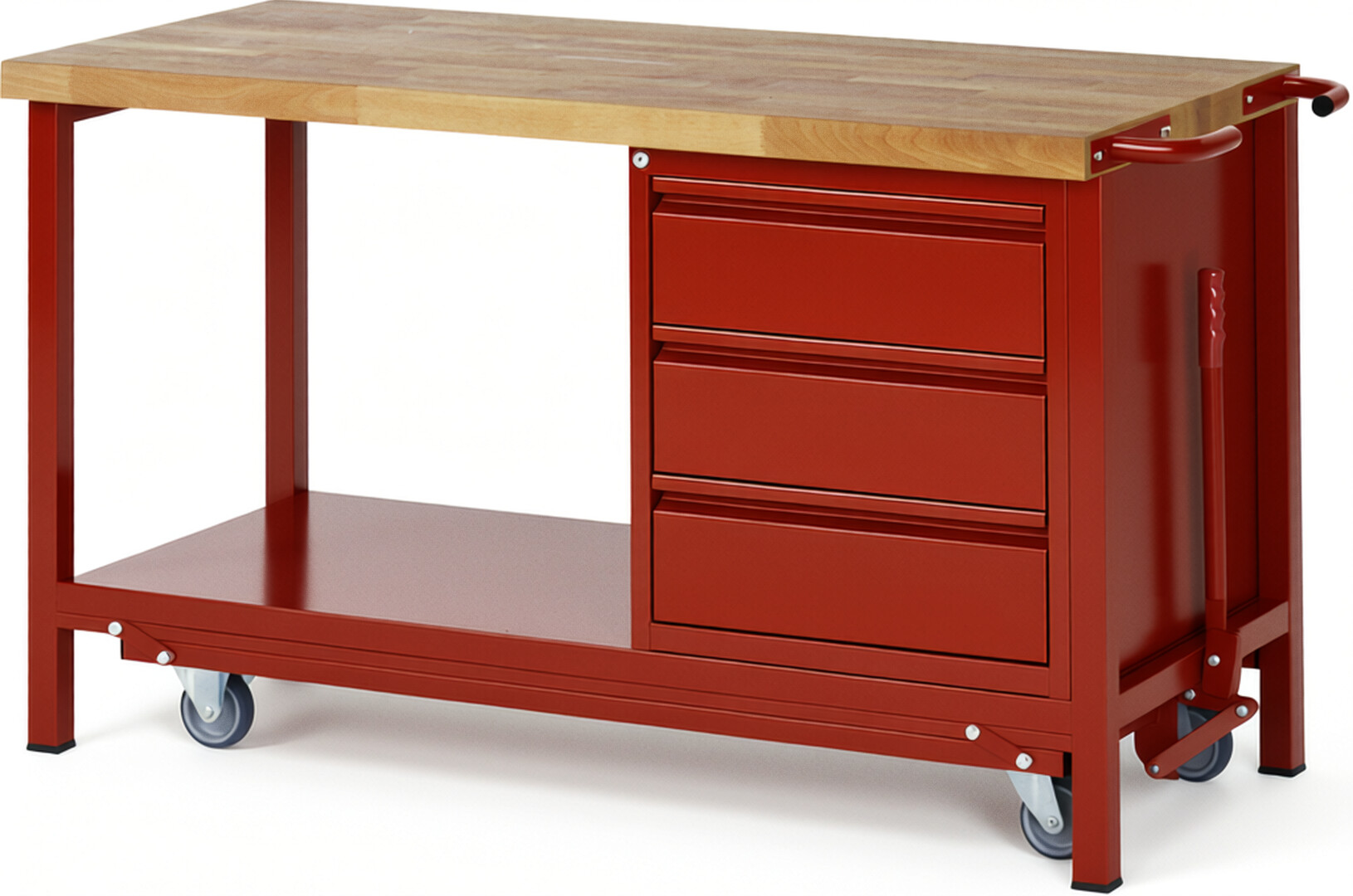 Absenkbare Werkbank - Modell 8157 BASIC rot, BxTxH 1500x700x880 mm,  Buche-Massiv Arbeitsplatte 40 mm,  3 Schubladen mit  Auszug 90 %