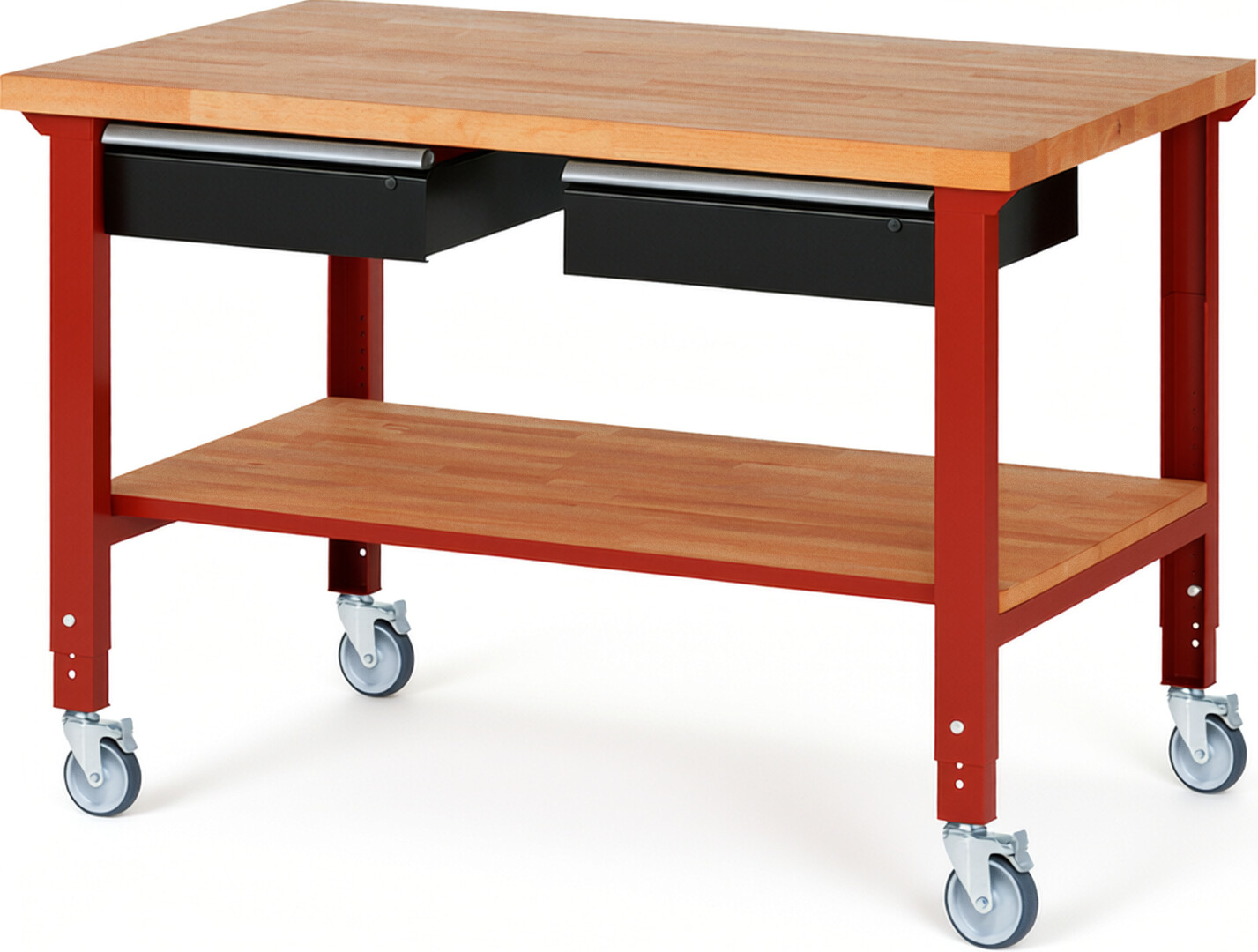 Fahrbare Werkbank Modell 7002 rot - schwarz, BxTxH 1500x900x950-1000 mm,  Buche-Massiv Arbeitsplatte 40 mm,  2 Schubladen mit  Auszug 90 %