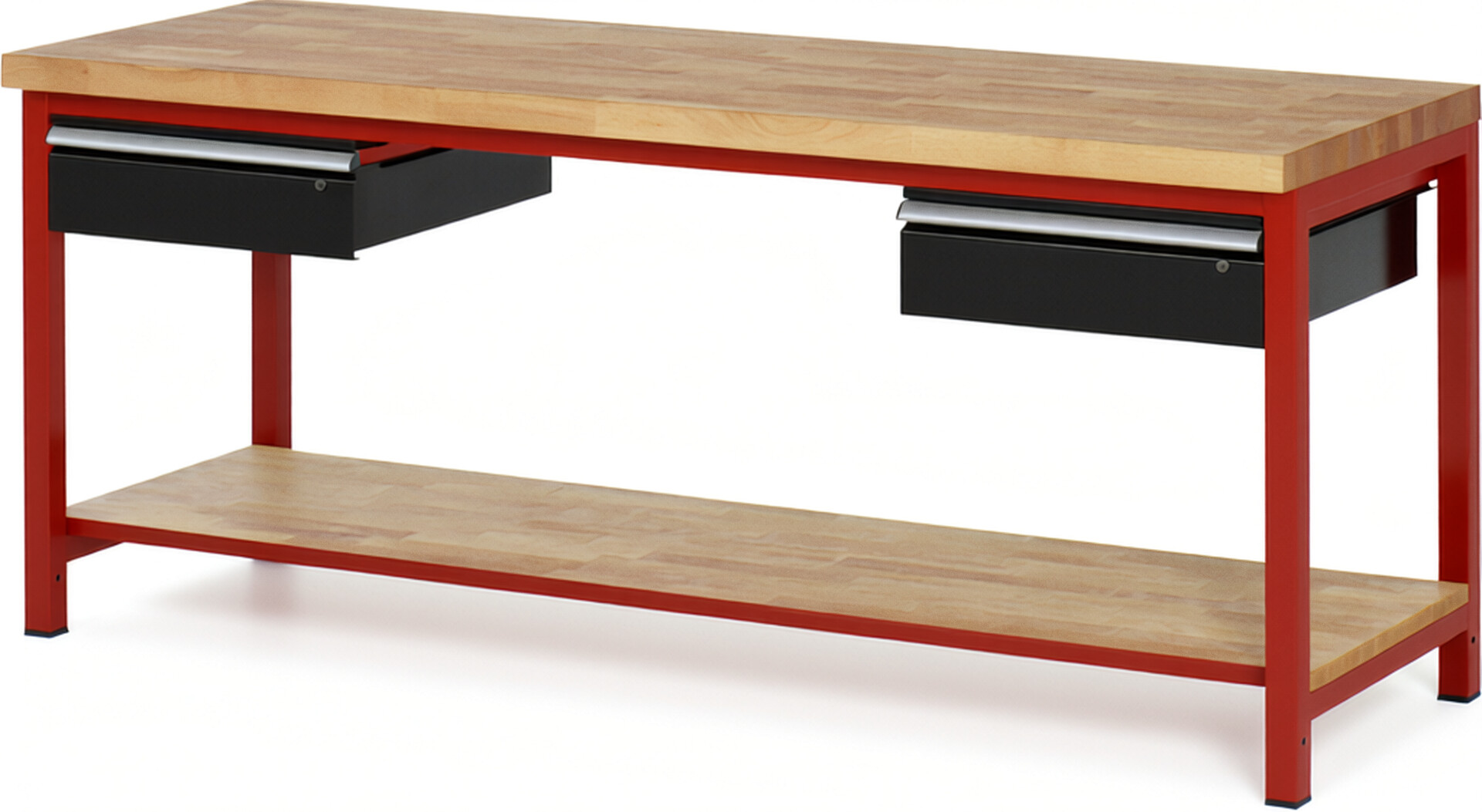 Werkbank Modell 8002 rot - schwarz, BxTxH 2000x700x840-1040 mm,  Buche-Massiv Arbeitsplatte 40 mm,  2 Schubladen mit  Auszug 90 %