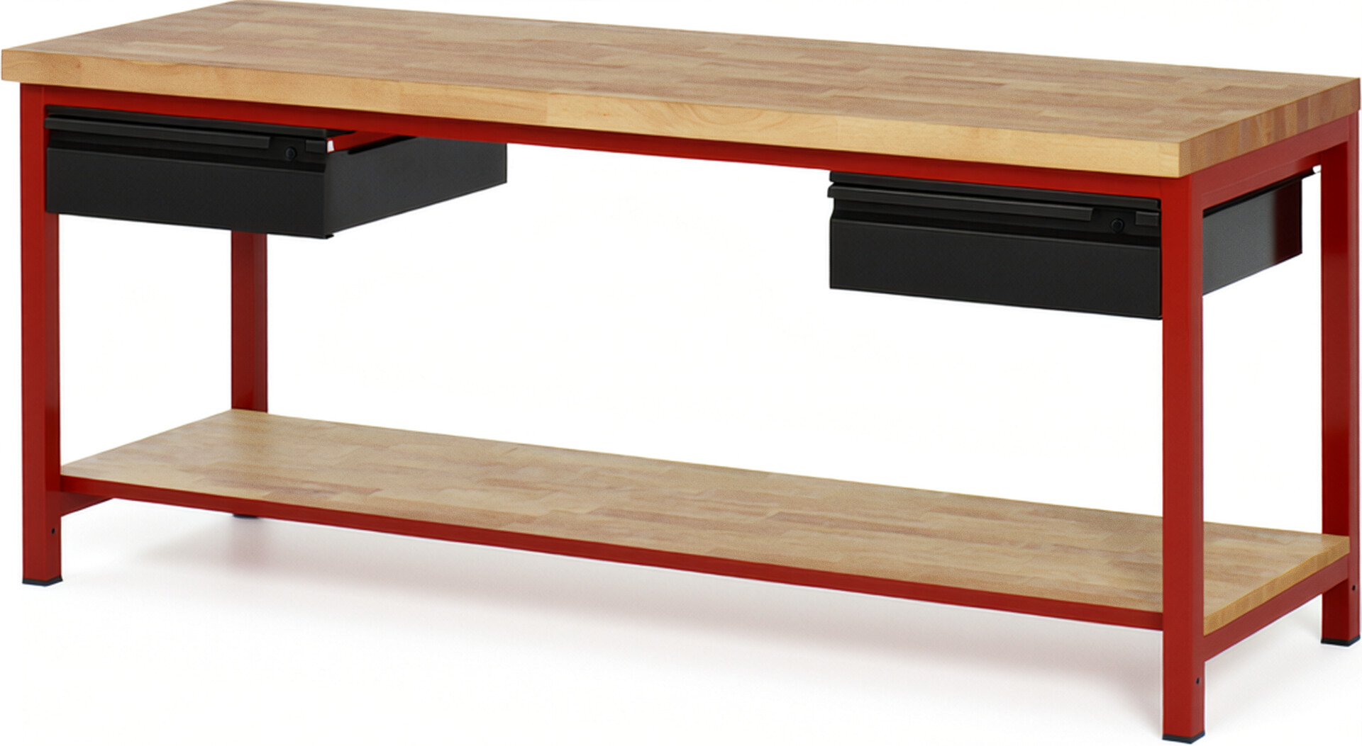 Werkbank - Modell 8002 BASIC rot - schwarz, BxTxH 2000x700x840 mm,  Buche-Massiv Arbeitsplatte 40 mm,  2 Schubladen mit  Auszug 90 %
