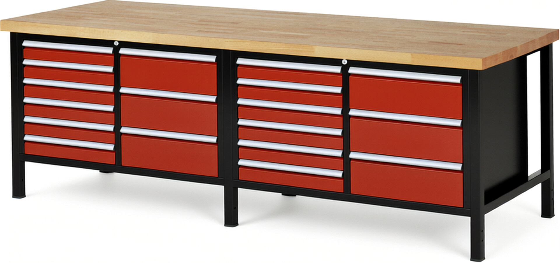 RAU Werkbank schwarz - rot - Breite 250 cm - Tiefe 90 cm - Höhe 104 cm - Buche-Massiv Arbeitsplatte 40 mm