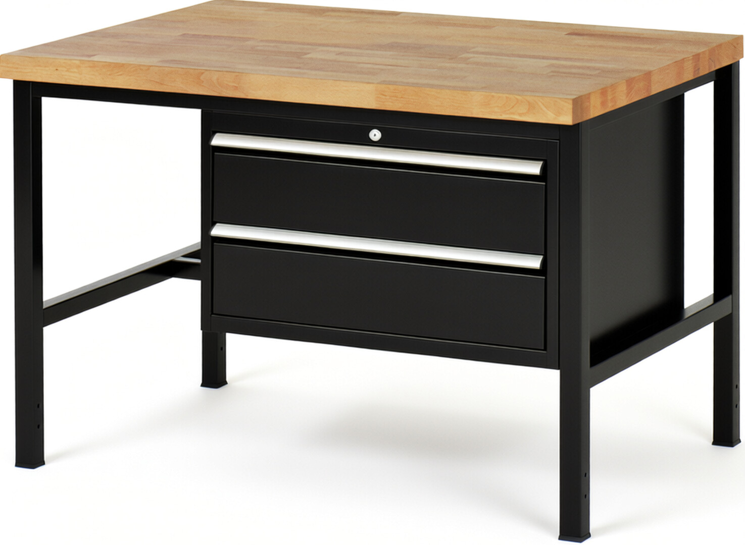 Werkbank Modell 8225 schwarz, BxTxH 1250x900x840 mm,  Buche-Massiv Arbeitsplatte 40 mm,  2 Schubladen mit  Auszug 90 %