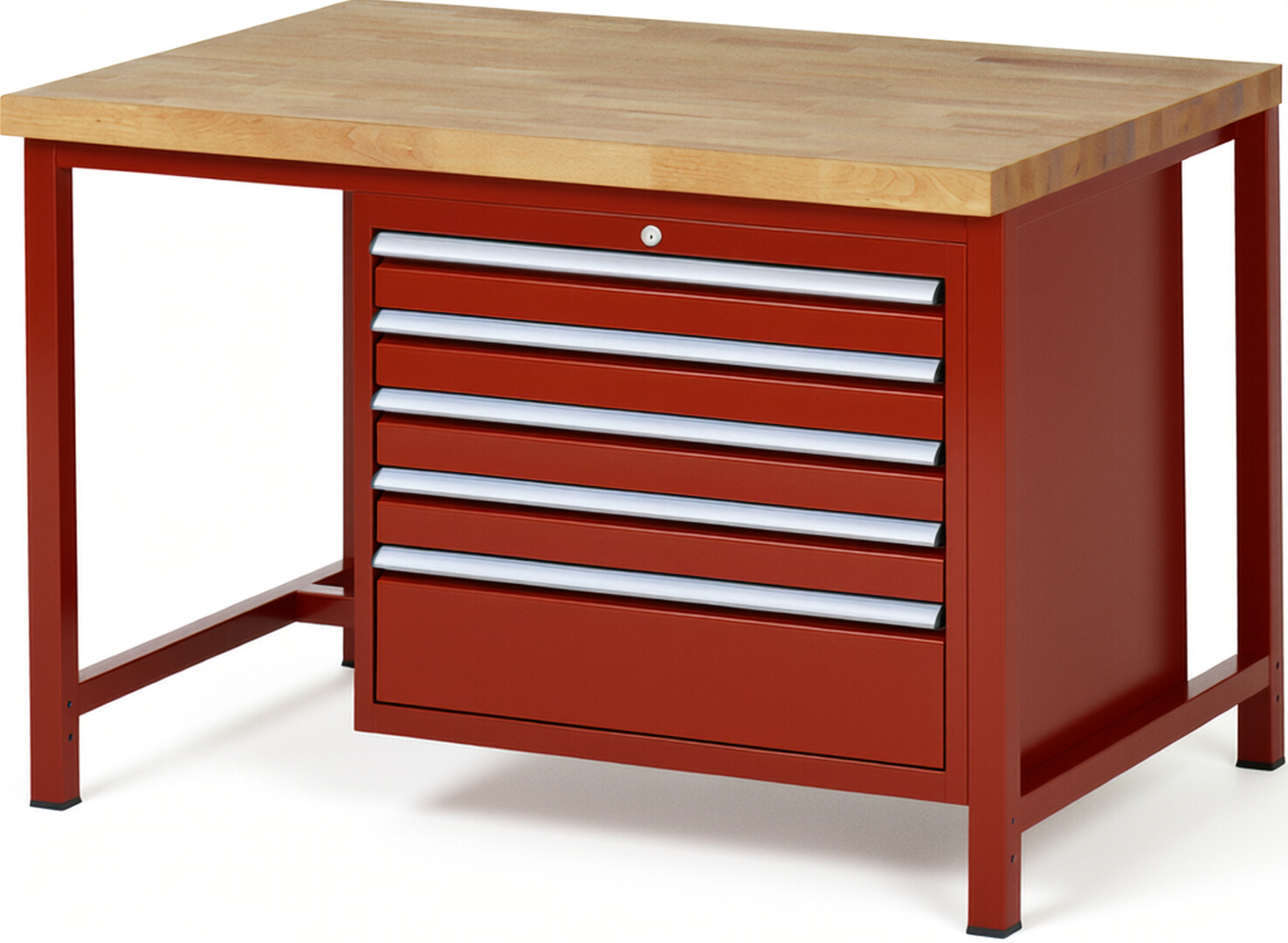 Werkbank Modell 8268 rot, BxTxH 1250x900x840 mm,  Buche-Massiv Arbeitsplatte 40 mm,  5 Schubladen mit  Auszug 90 %