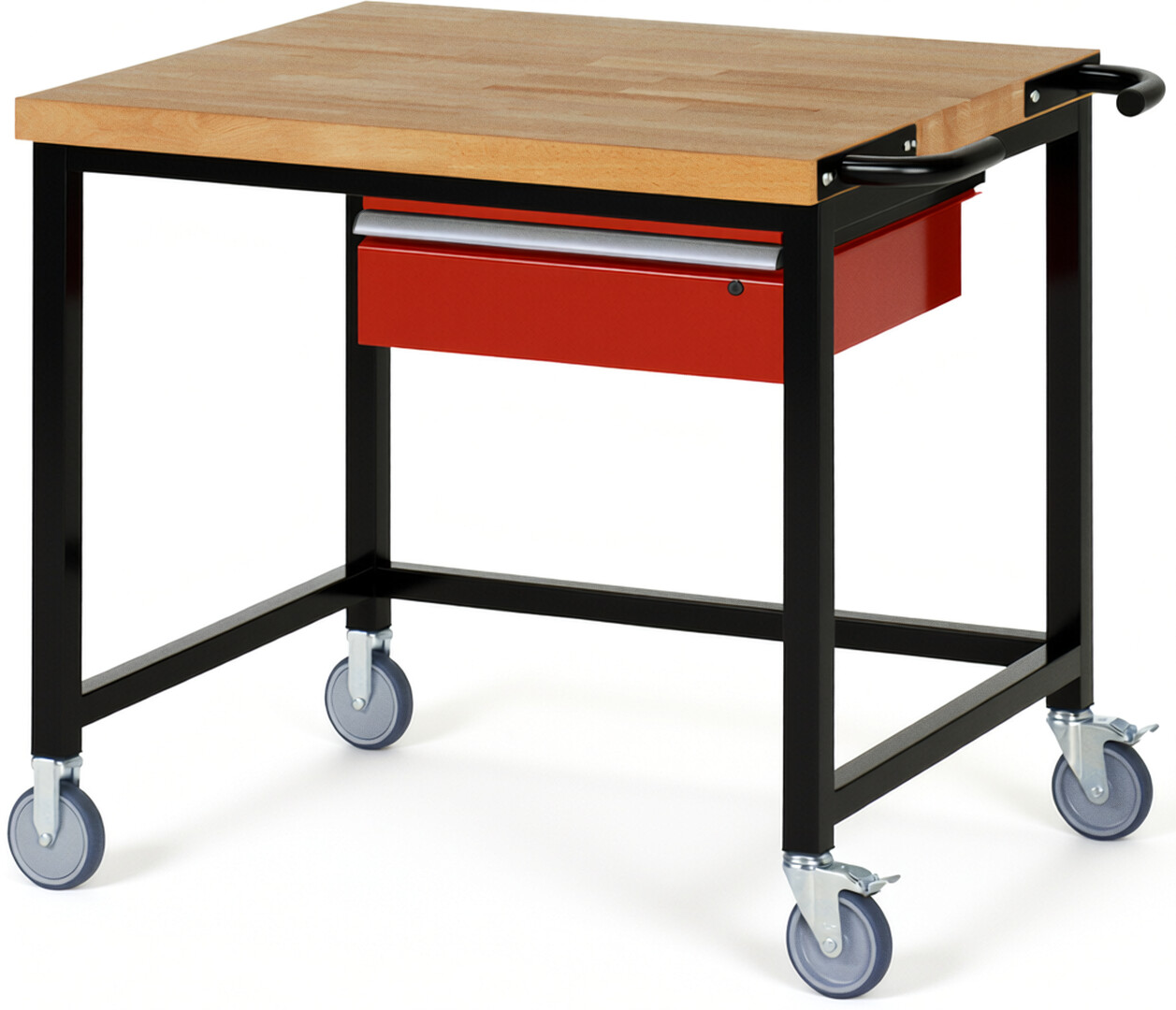 RAU Werkbank schwarz - rot - Breite 100 cm - Tiefe 90 cm - Höhe 108 cm - Buche-Massiv Arbeitsplatte 40 mm