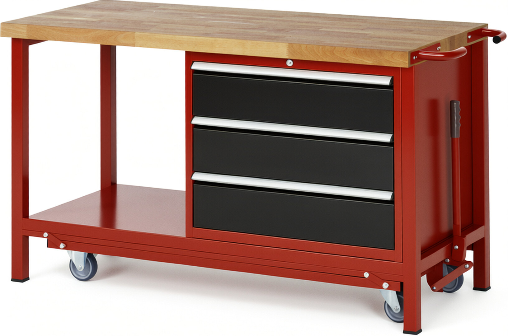 Absenkbare Werkbank Modell 8257 rot - schwarz, BxTxH 1500x700x880 mm,  Buche-Massiv Arbeitsplatte 40 mm,  3 Schubladen mit  Vollauszug 100 % und  SoftClosing