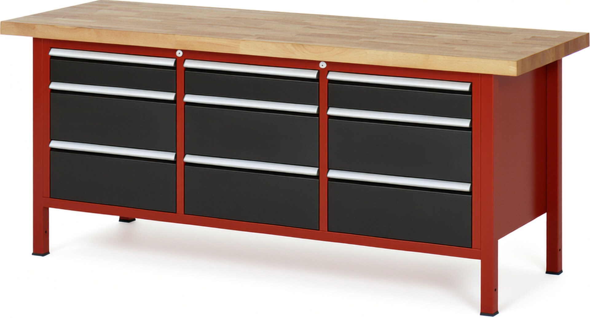 Werkbank Modell 8573 rot - schwarz, BxTxH 2000x700x840 mm,  Buche-Massiv Arbeitsplatte 40 mm,  9 Schubladen mit  Vollauszug 100 % und  SoftClosing