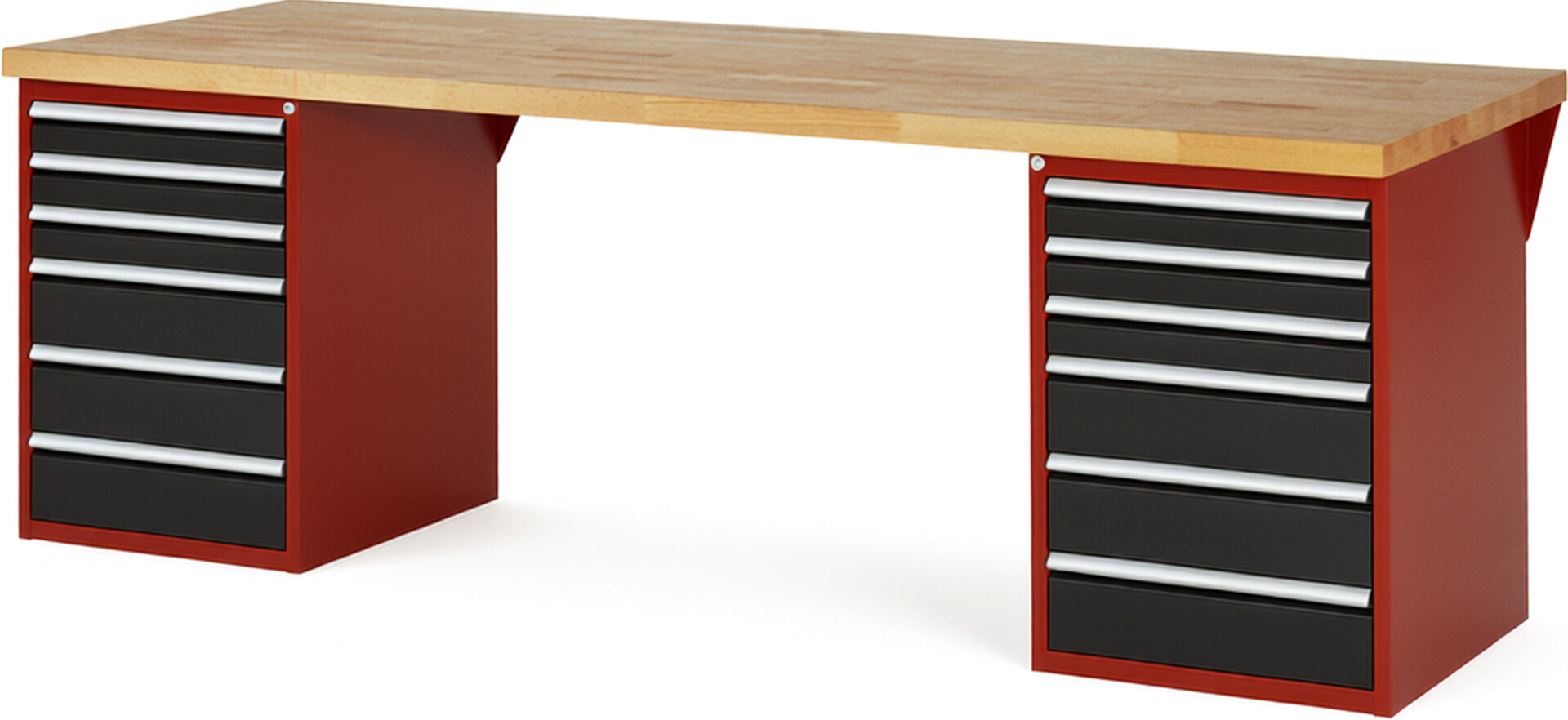 Werkbank Modell 7515 rot - schwarz, BxTxH 2500x900x890 mm,  Buche-Massiv Arbeitsplatte 40 mm,  12 Schubladen mit  Auszug 90 %