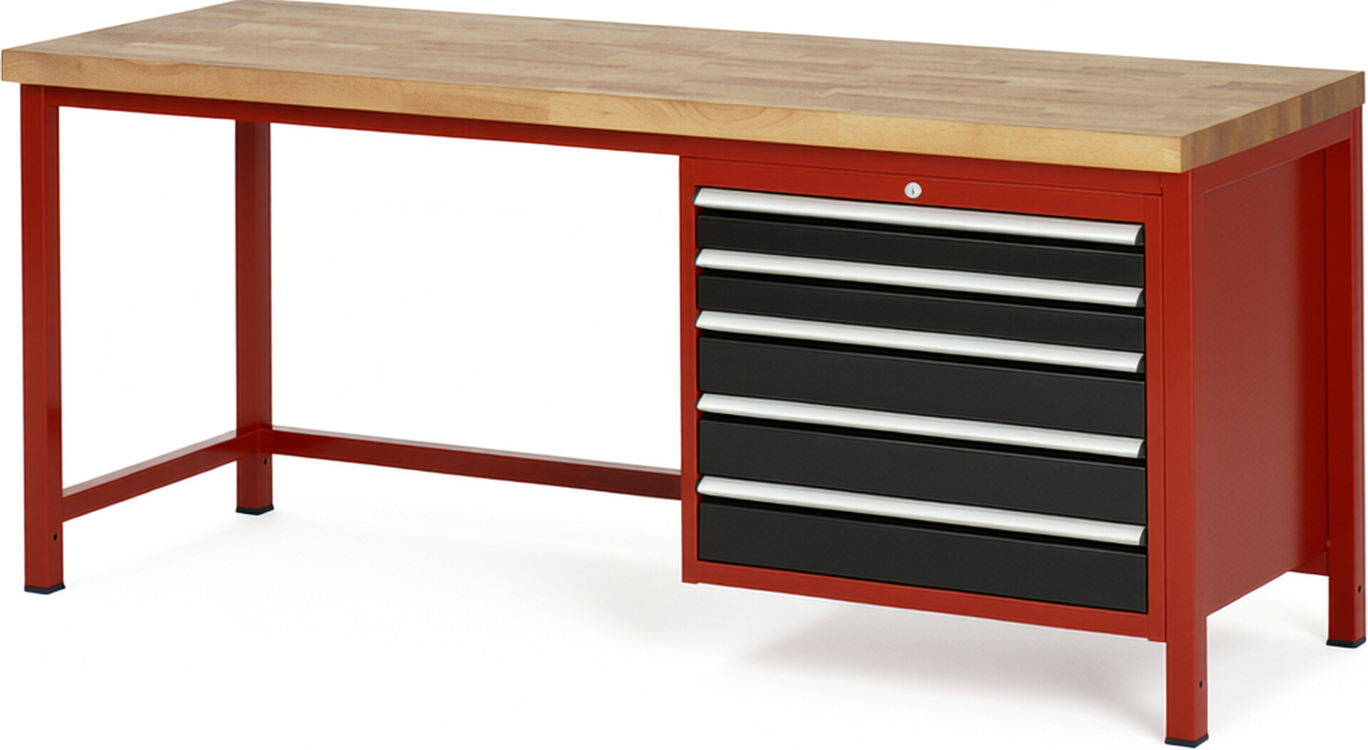 Werkbank Modell 8271 rot - schwarz, BxTxH 2000x700x840 mm,  Buche-Massiv Arbeitsplatte 40 mm,  5 Schubladen mit  Auszug 90 %