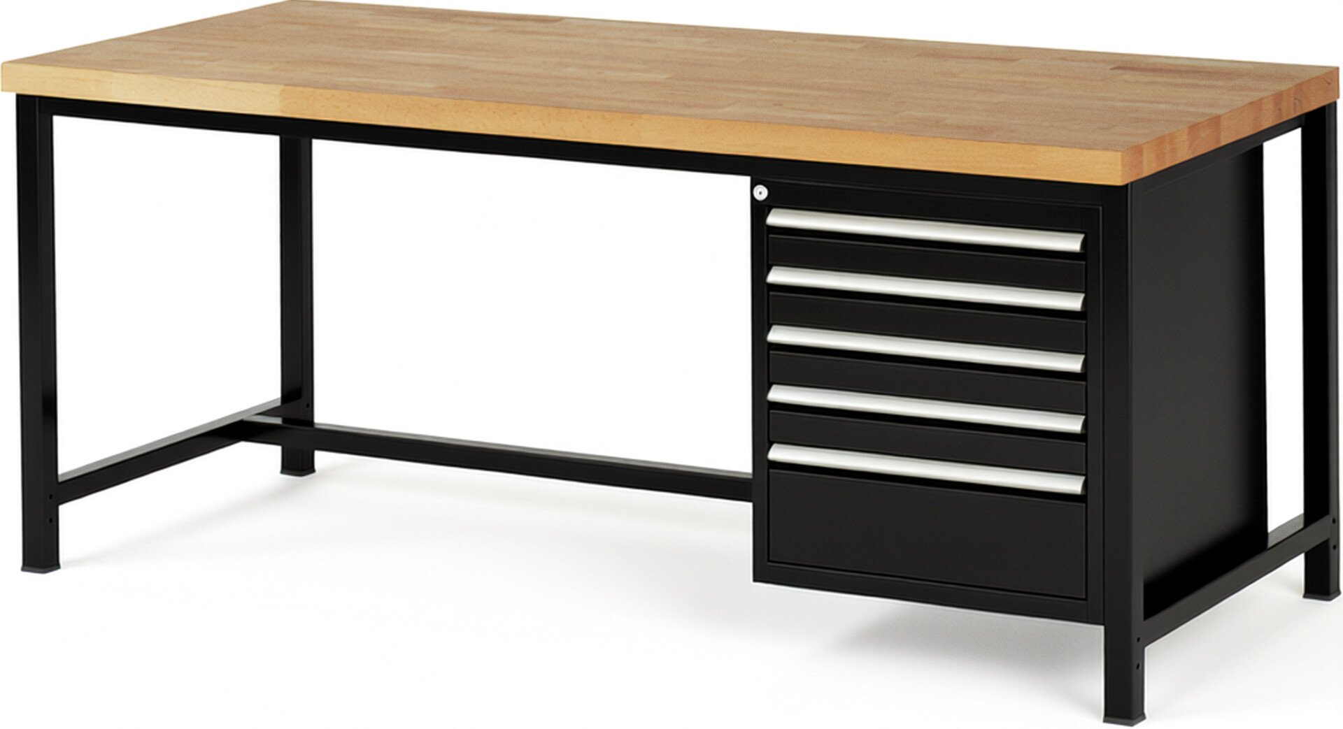 Werkbank Modell 8168 schwarz, BxTxH 2000x900x840-1040 mm,  Buche-Massiv Arbeitsplatte 40 mm,  5 Schubladen mit  Vollauszug 100 % und  SoftClosing