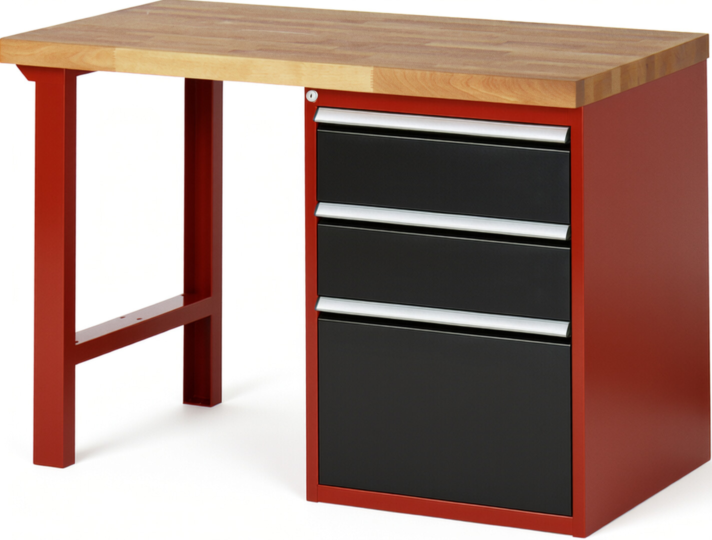 Werkbank Modell 7507 rot - schwarz, BxTxH 1250x700x890 mm,  Buche-Massiv Arbeitsplatte 40 mm,  3 Schubladen mit  Vollauszug 100 % und  SoftClosing