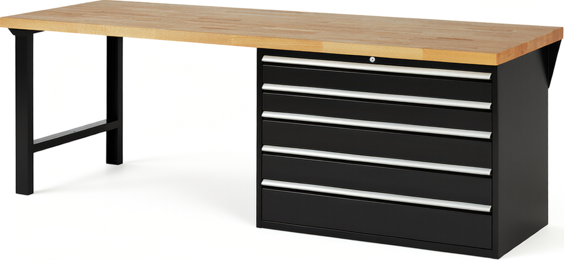 Werkbank Modell 7713 schwarz, BxTxH 2500x900x890 mm,  Buche-Massiv Arbeitsplatte 40 mm,  5 Schubladen mit  Auszug 90 %