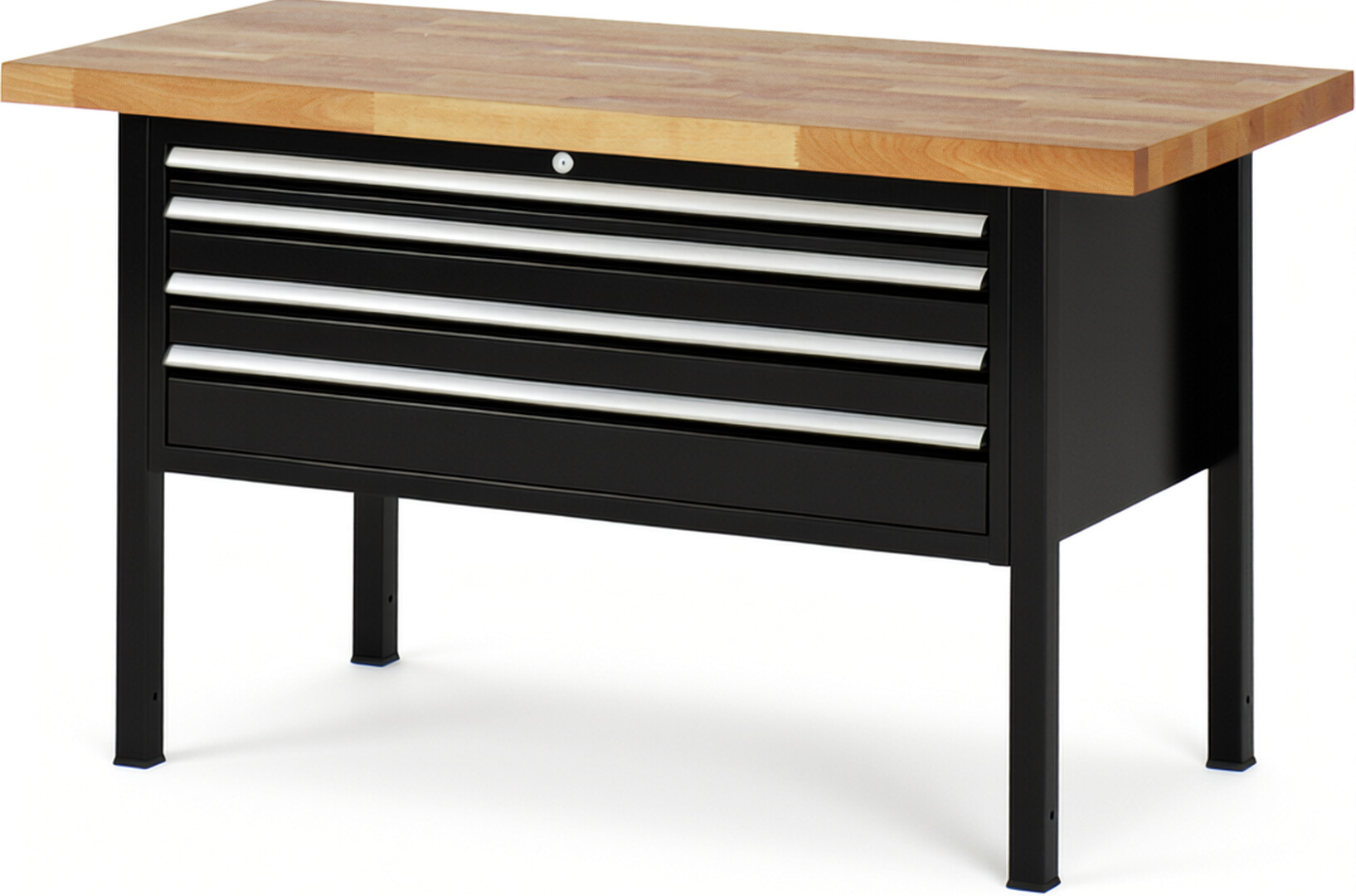 Werkbank Modell 8332 schwarz, BxTxH 1500x700x840 mm,  Buche-Massiv Arbeitsplatte 40 mm,  4 Schubladen mit  Vollauszug 100 % und  SoftClosing