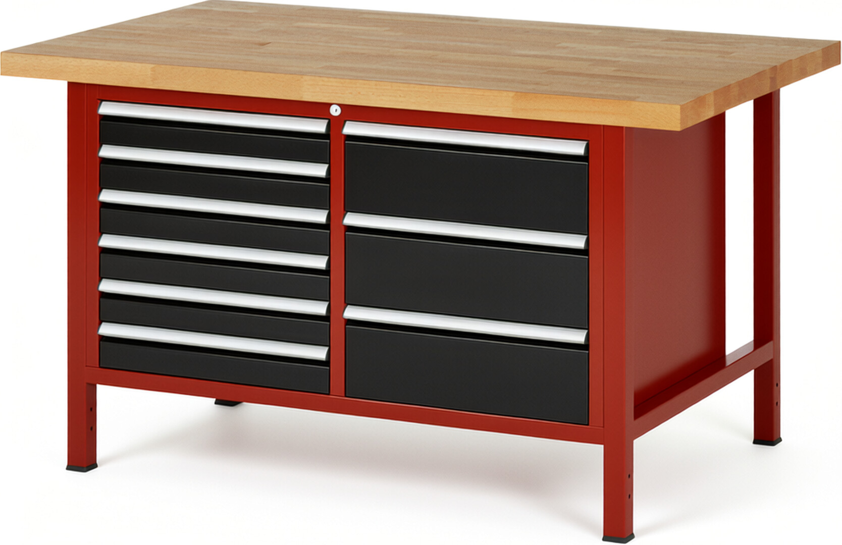 Werkbank Modell 8479 rot - schwarz, BxTxH 1500x900x840-1040 mm,  Buche-Massiv Arbeitsplatte 40 mm,  9 Schubladen mit  Vollauszug 100 % und  SoftClosing