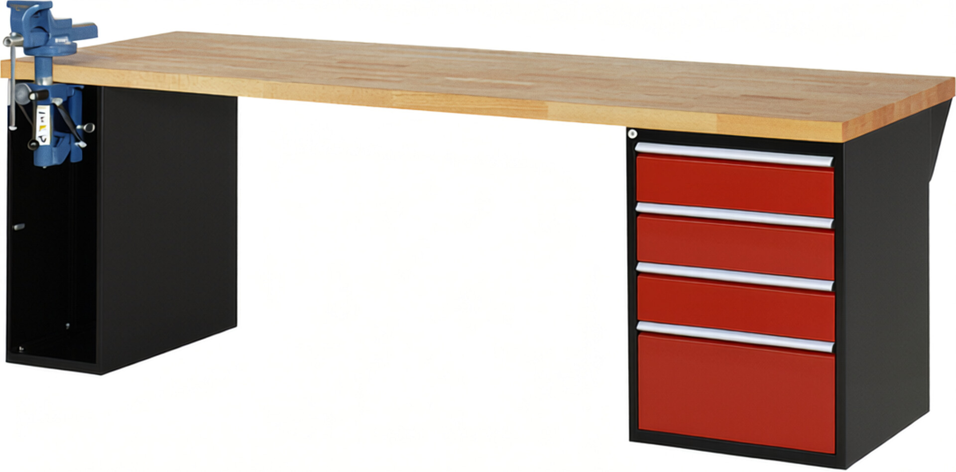 RAU Werkbank schwarz - rot - Breite 250 cm - Tiefe 90 cm - Höhe 89 cm - Buche-Massiv Arbeitsplatte 40 mm