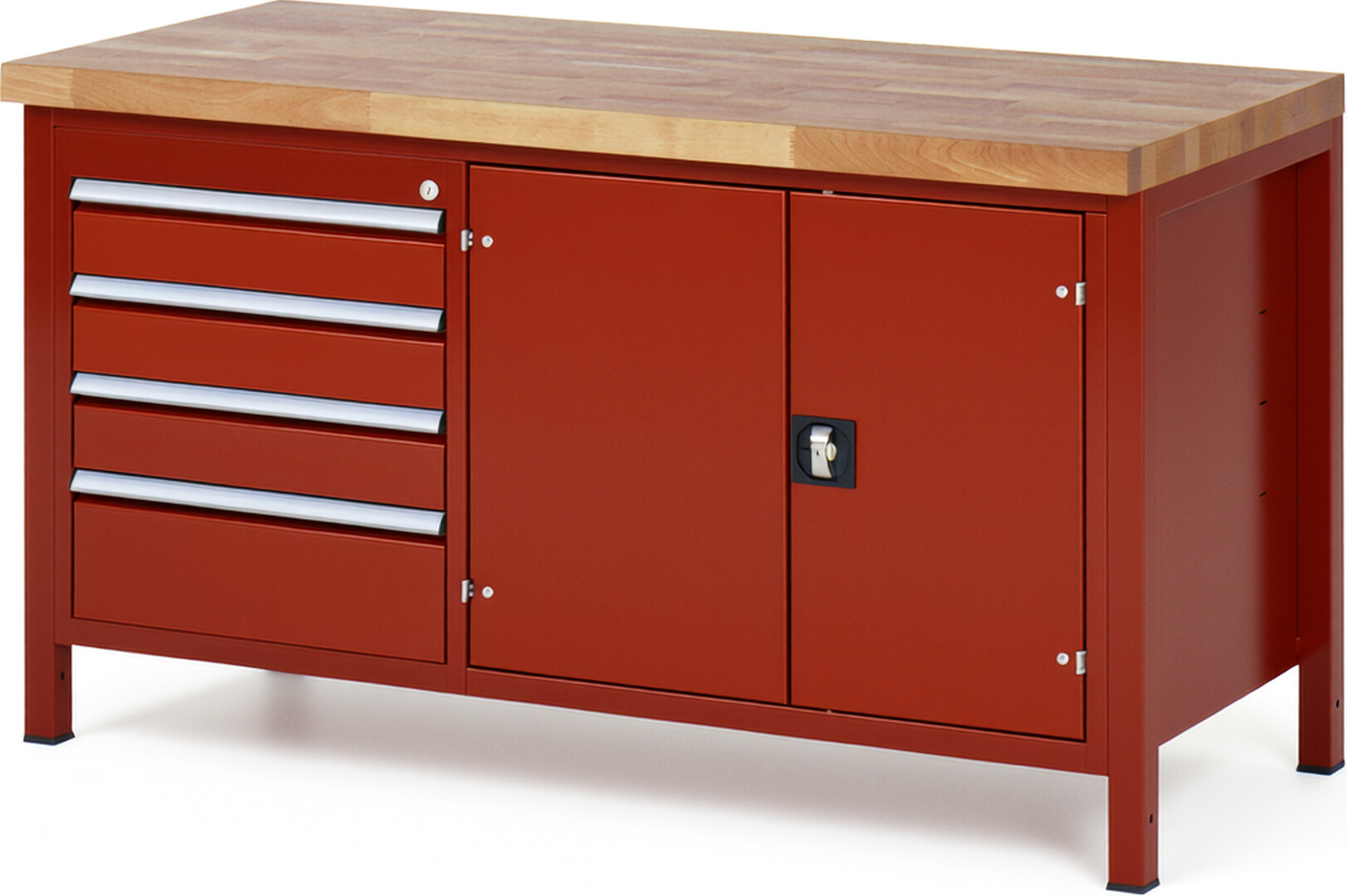 Werkbank Modell 8905 rot, BxTxH 1500x700x840-1040 mm,  Buche-Massiv Arbeitsplatte 40 mm,  4 Schubladen mit  Auszug 90 %
