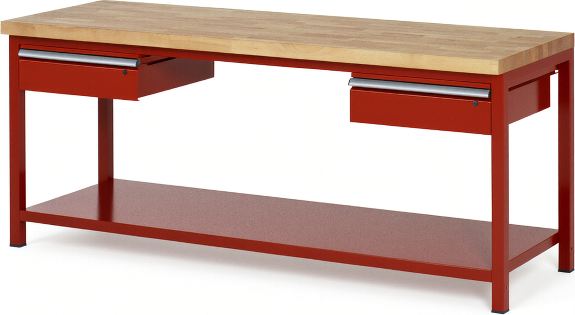 Werkbank Modell 8002 rot, BxTxH 2000x700x840-1040 mm,  Buche-Massiv Arbeitsplatte 40 mm,  2 Schubladen mit  Auszug 90 %