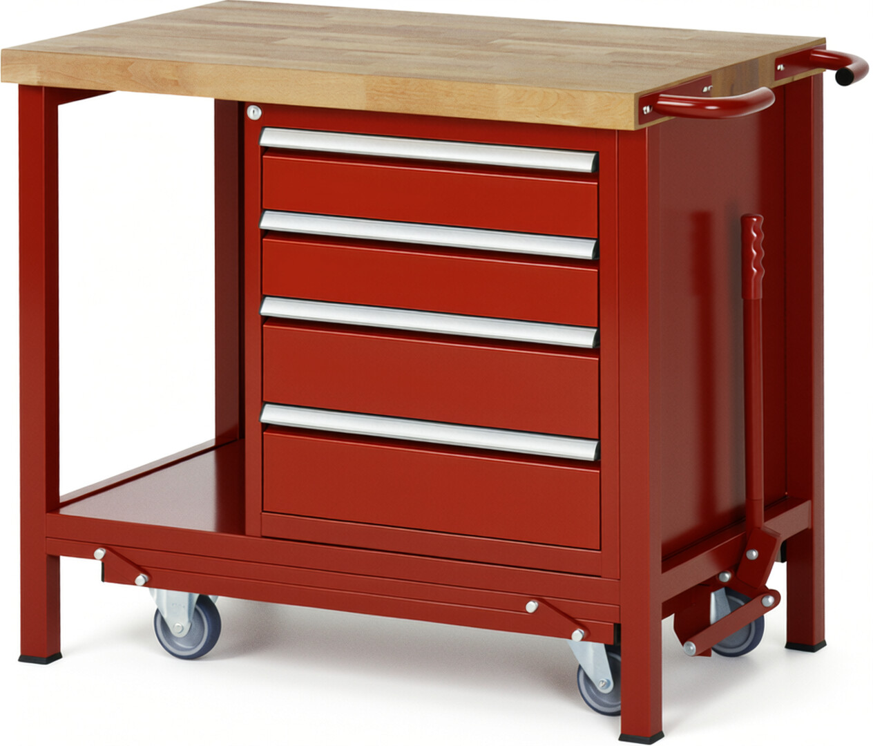 Absenkbare Werkbank Modell 8162 rot, BxTxH 1000x700x880 mm,  Buche-Massiv Arbeitsplatte 40 mm,  4 Schubladen mit  Vollauszug 100 % und  SoftClosing