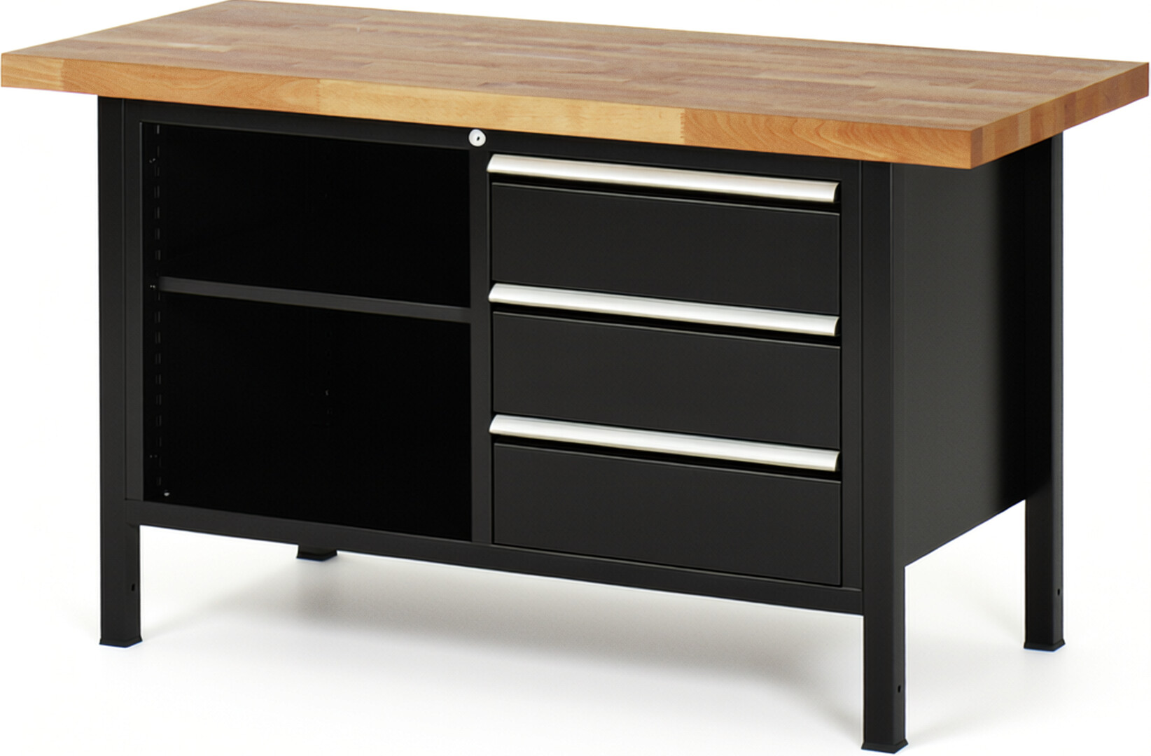 Werkbank Modell 8462 schwarz, BxTxH 1500x700x840-1040 mm,  Buche-Massiv Arbeitsplatte 40 mm,  3 Schubladen mit  Auszug 90 %