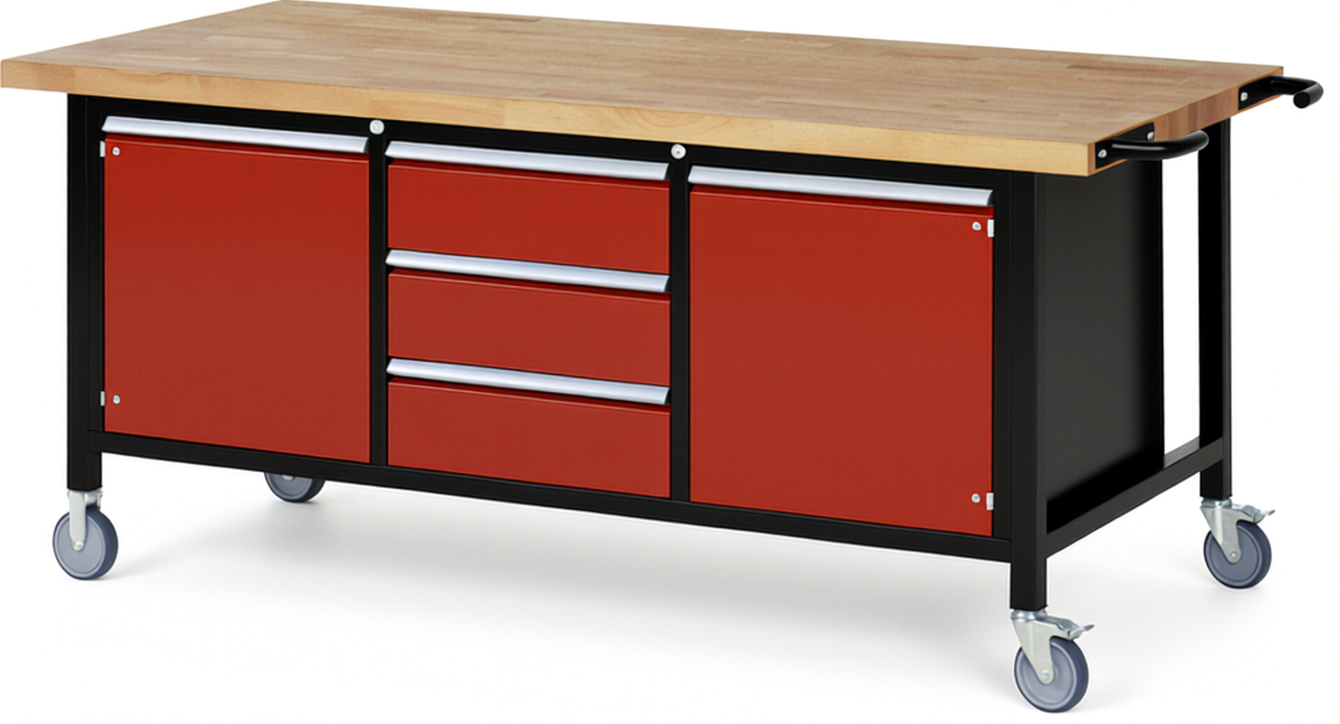 RAU Werkbank schwarz - rot - Breite 200 cm - Tiefe 90 cm - Höhe 108 cm - Buche-Massiv Arbeitsplatte 40 mm