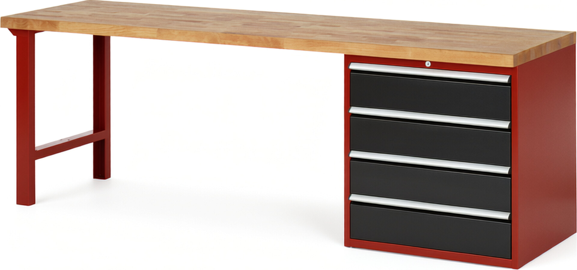 Werkbank Modell 7609 rot - schwarz, BxTxH 2500x700x890 mm,  Buche-Massiv Arbeitsplatte 40 mm,  4 Schubladen mit  Vollauszug 100 % und  SoftClosing