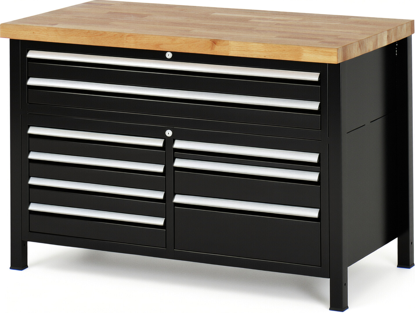 Werkbank Modell 8923 schwarz, BxTxH 1250x700x840 mm,  Buche-Massiv Arbeitsplatte 40 mm,  9 Schubladen mit  Auszug 90 %