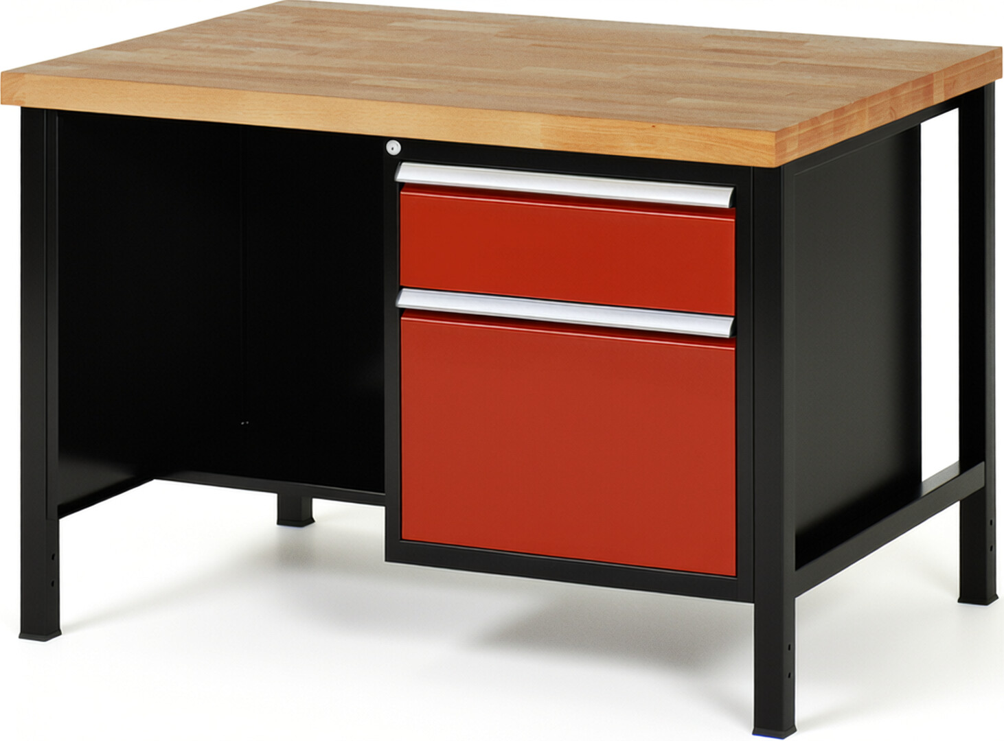 RAU Werkbank schwarz - rot - Breite 125 cm - Tiefe 90 cm - Höhe 104 cm - Buche-Massiv Arbeitsplatte 40 mm