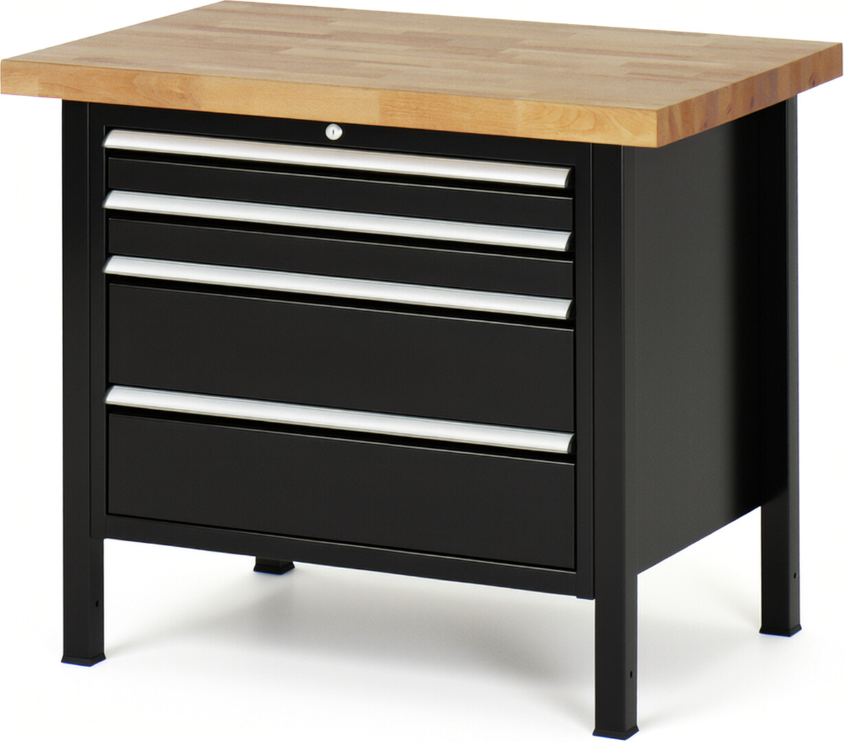 Werkbank Modell 8261 schwarz, BxTxH 1000x700x840-1040 mm,  Buche-Massiv Arbeitsplatte 40 mm,  4 Schubladen mit  Auszug 90 %